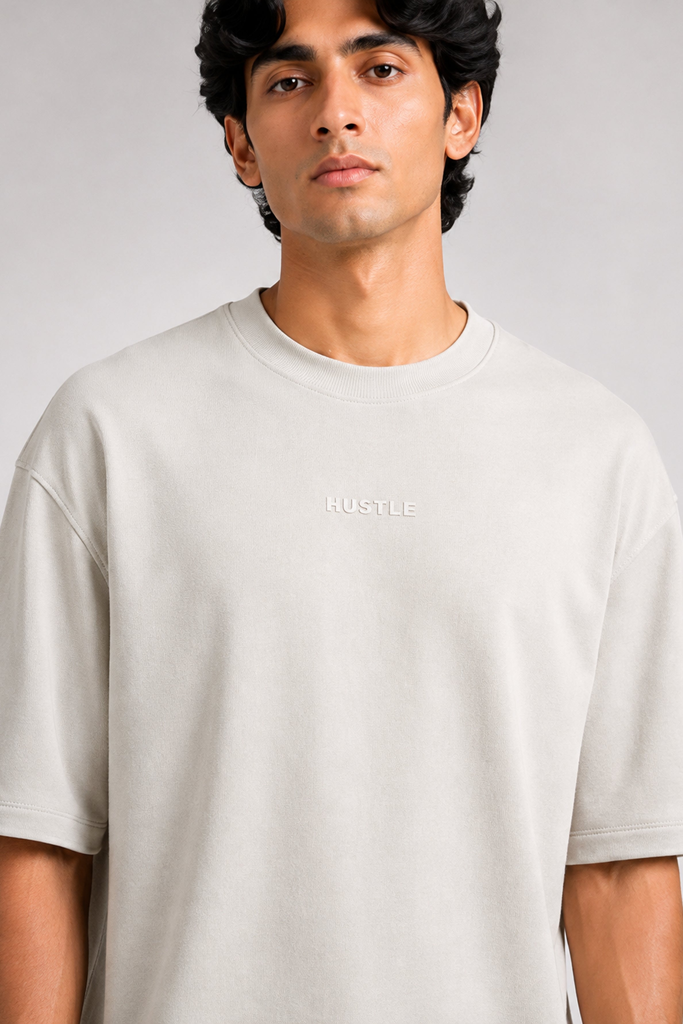 HUSTLE Men's Crew Neck Oversized Tees - Beige