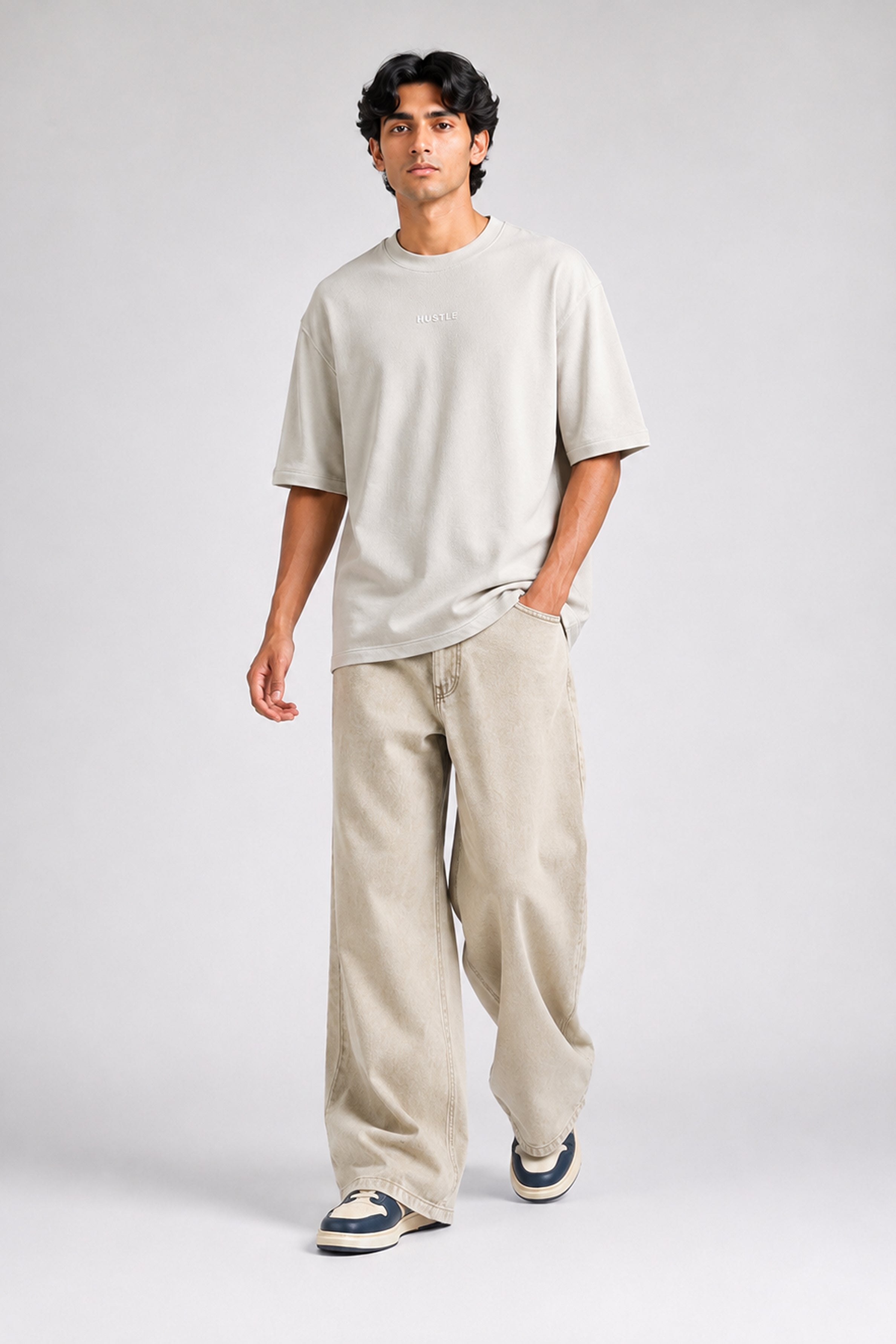 HUSTLE Men's Crew Neck Oversized Tees - Beige
