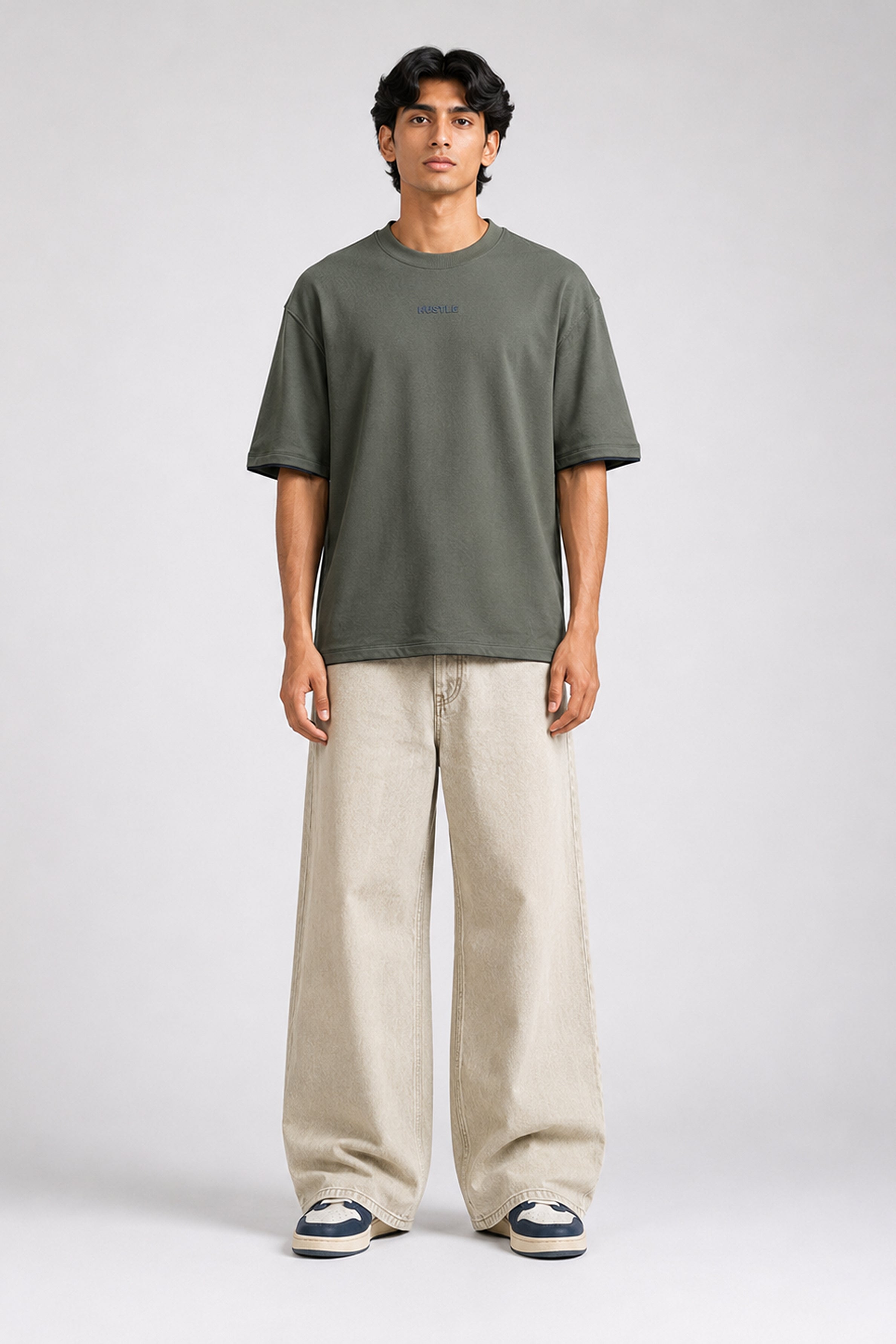 HUSTLE Men's Crew Neck Oversized Tees - Dark Green