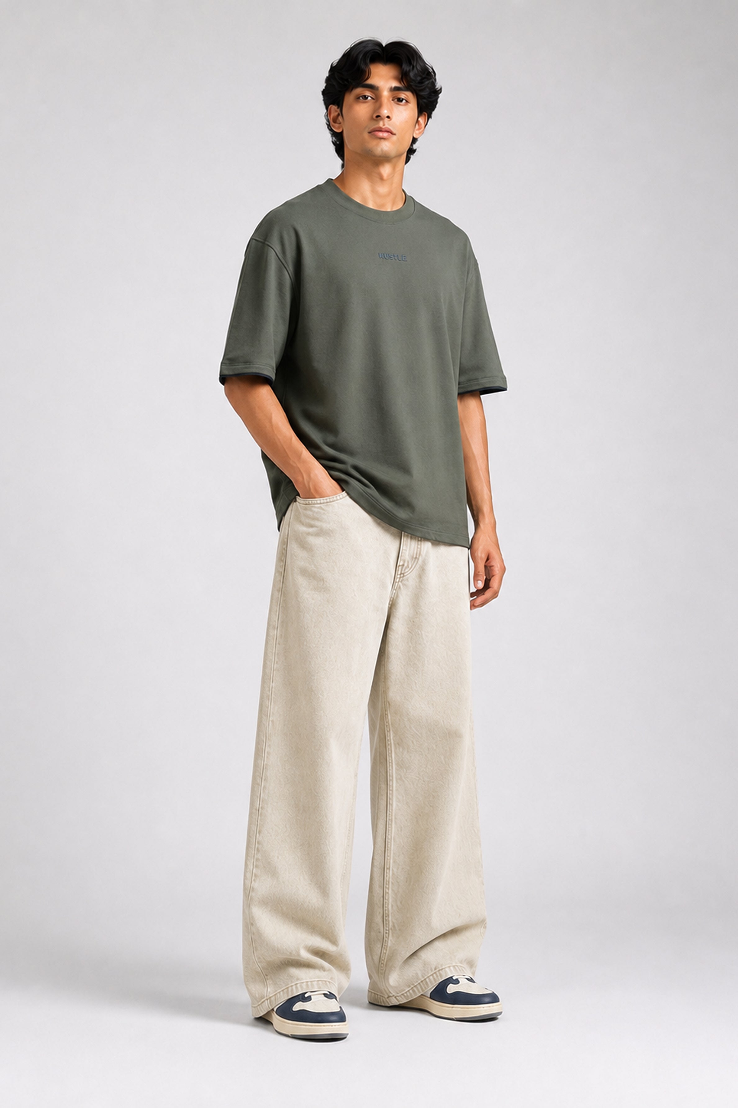 HUSTLE Men's Crew Neck Oversized Tees - Dark Green