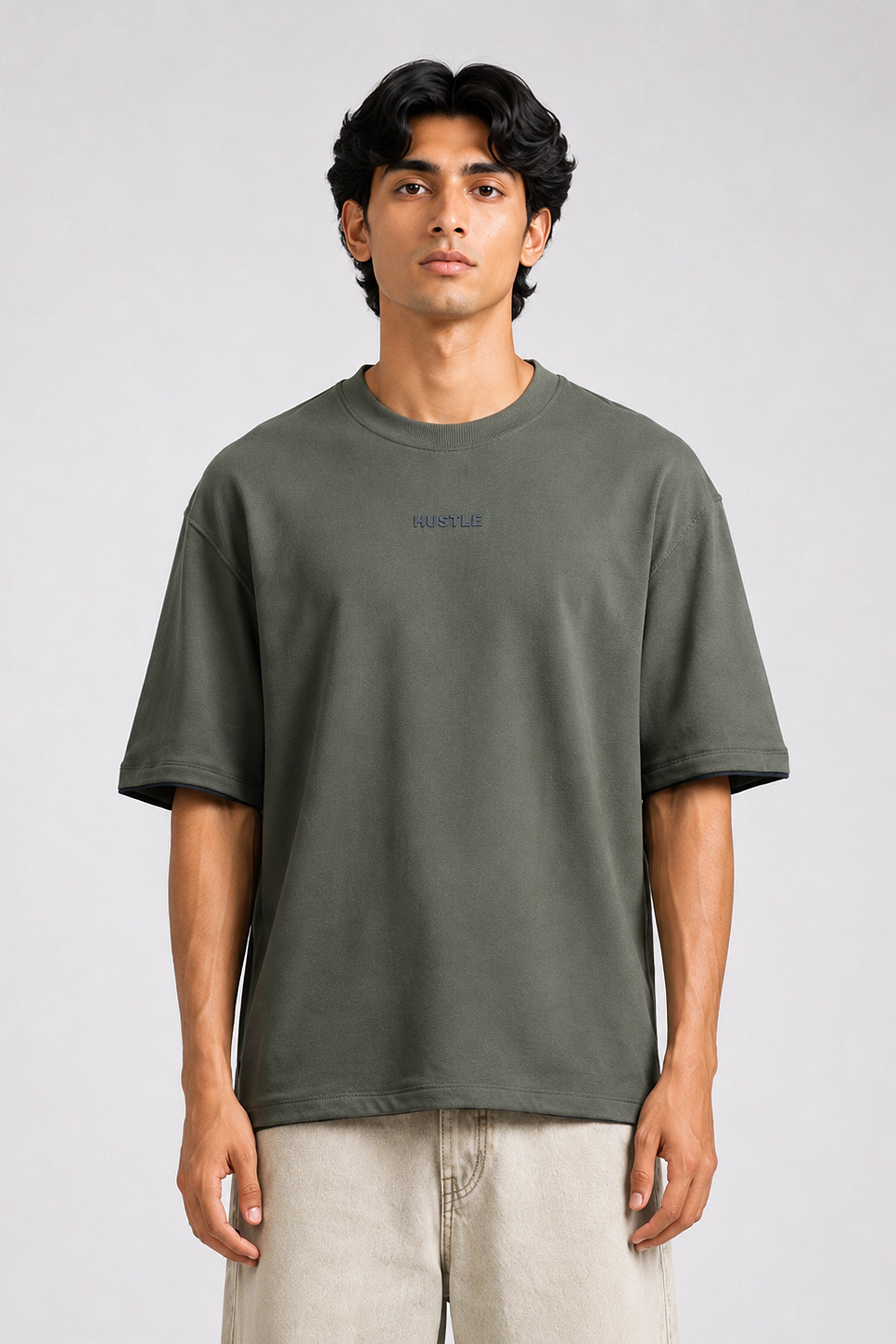 HUSTLE men's dark green oversized crew neck T-shirt in 220 GSM cotton blend