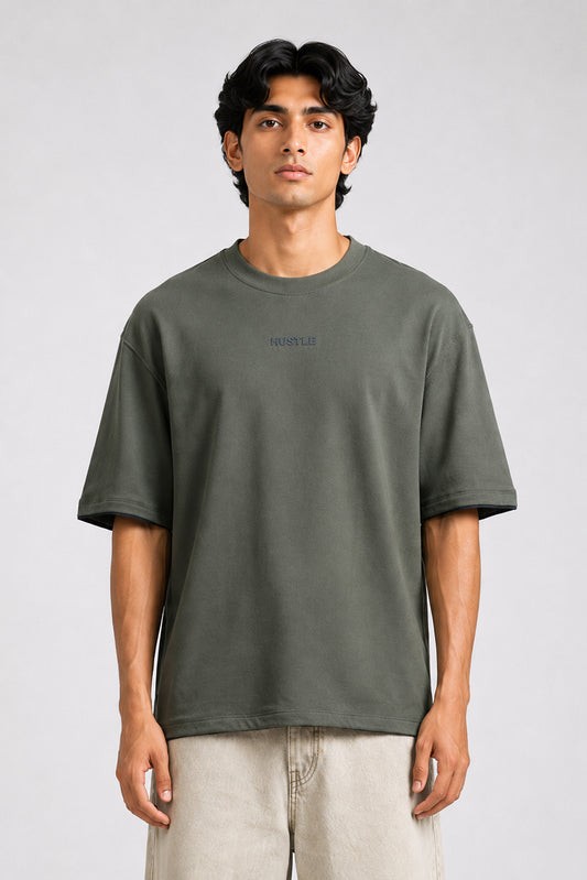 HUSTLE men's dark green oversized crew neck T-shirt in 220 GSM cotton blend