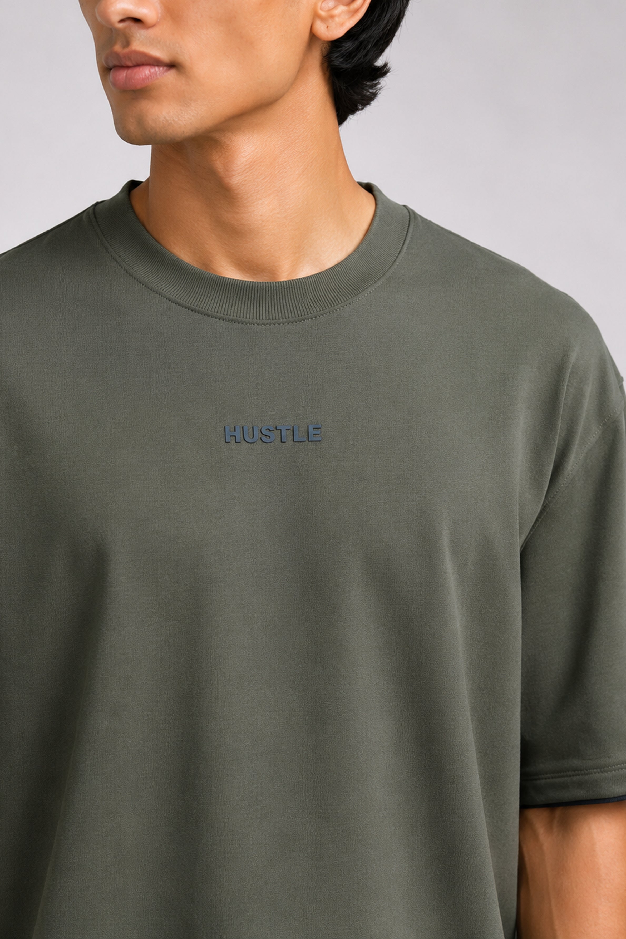 HUSTLE Men's Crew Neck Oversized Tees - Dark Green