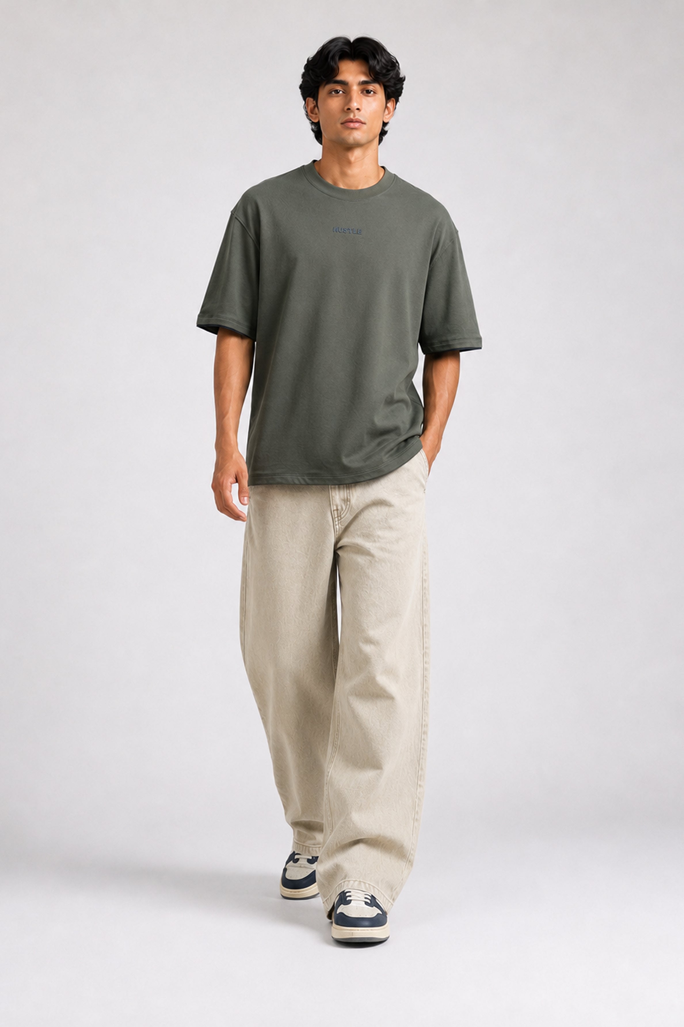 HUSTLE Men's Crew Neck Oversized Tees - Dark Green