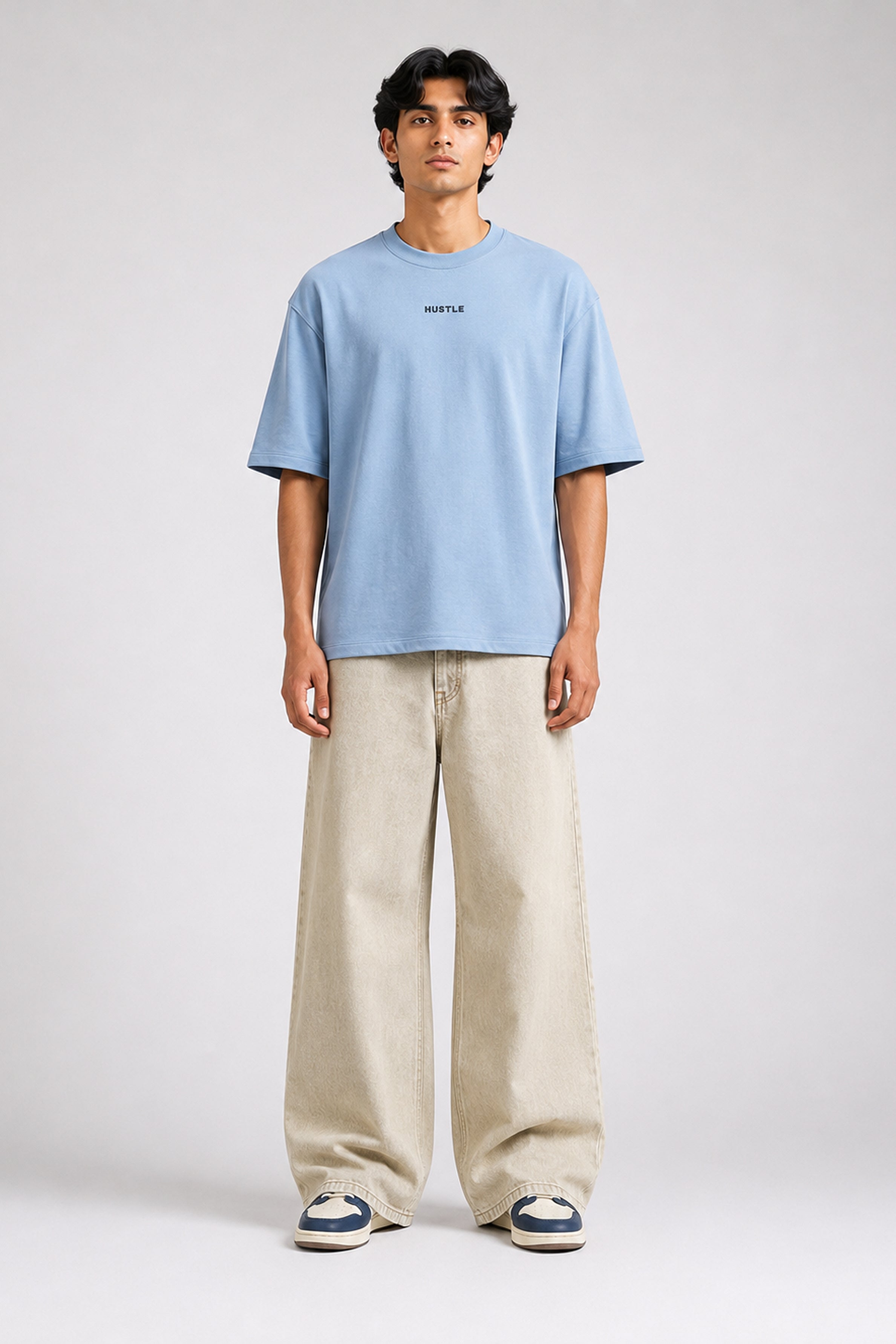 HUSTLE Men's Crew Neck Oversized Tees - Dull Blue
