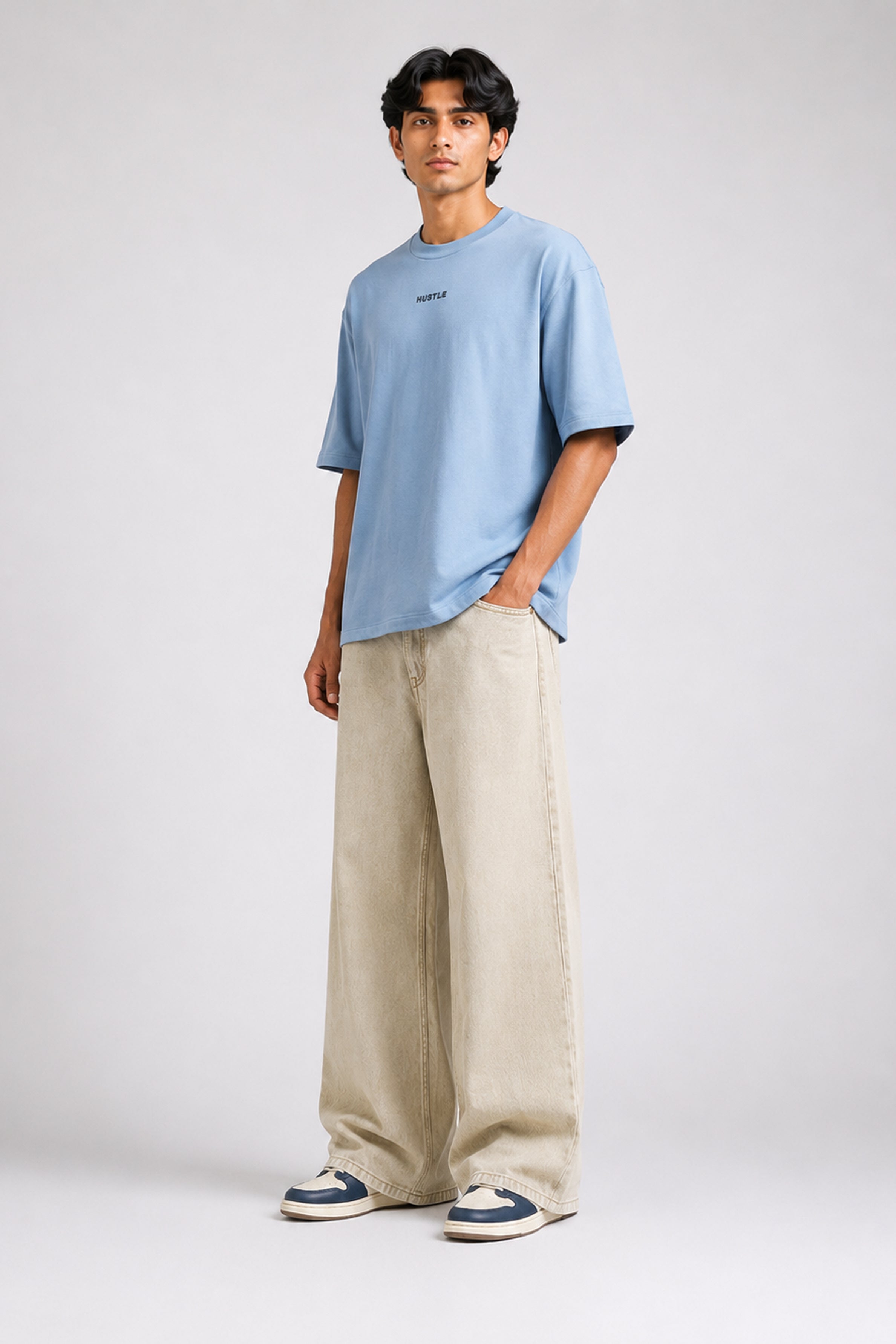 HUSTLE Men's Crew Neck Oversized Tees - Dull Blue