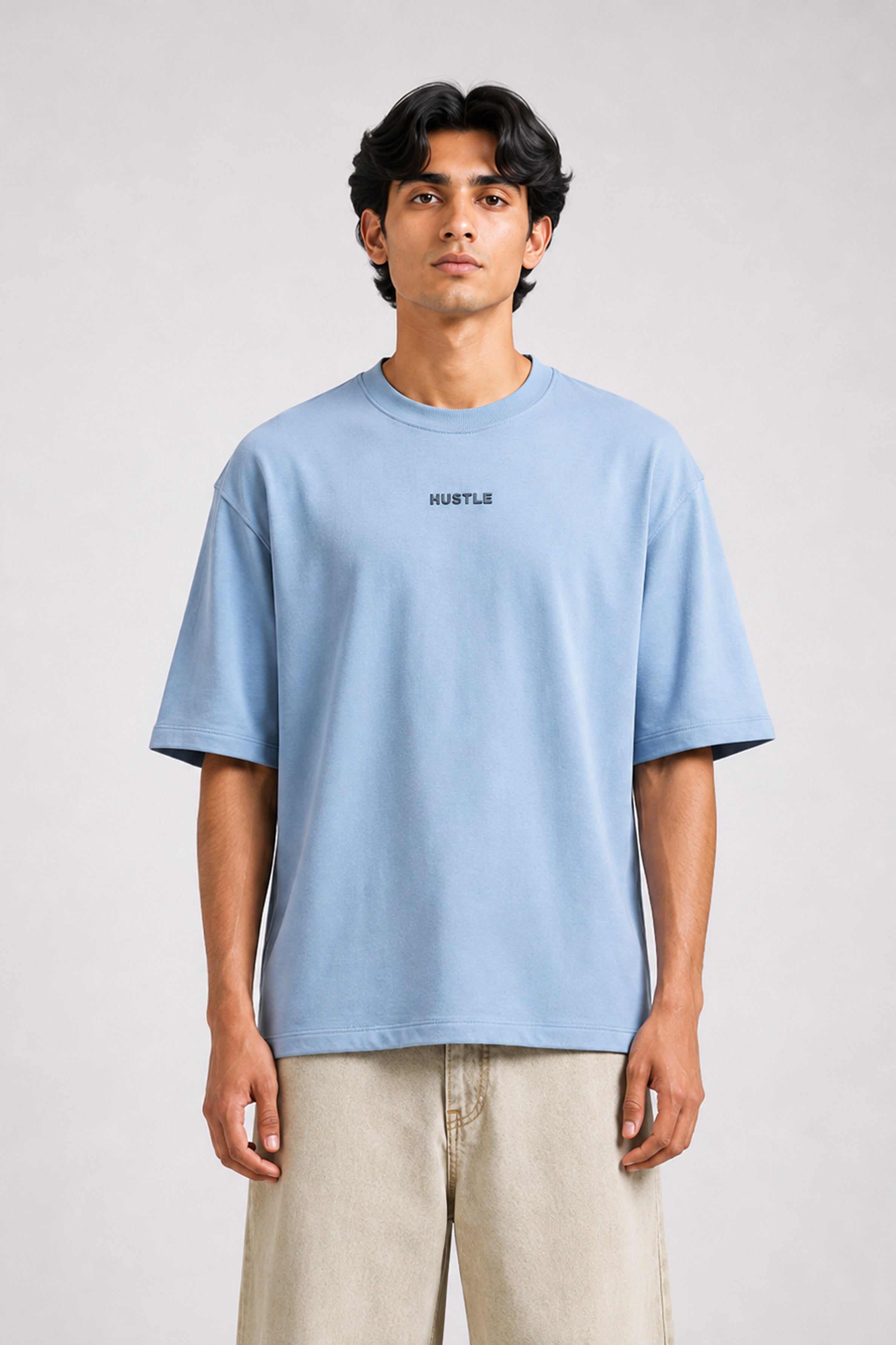 HUSTLE men's dull blue oversized crew neck T-shirt in 220 GSM cotton blend