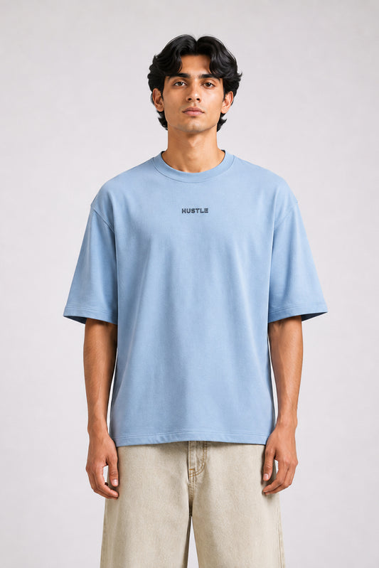 HUSTLE men's dull blue oversized crew neck T-shirt in 220 GSM cotton blend