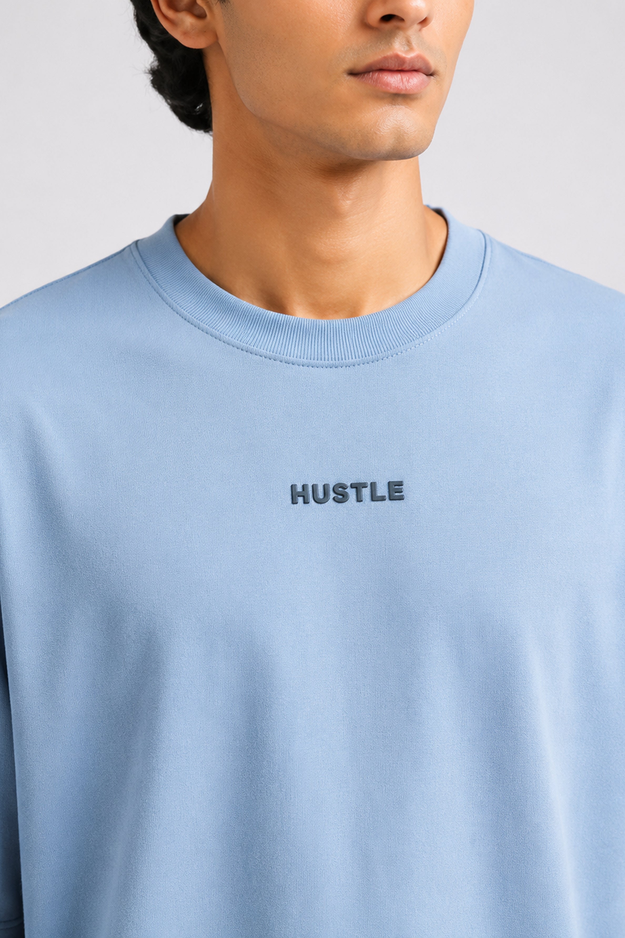 HUSTLE Men's Crew Neck Oversized Tees - Dull Blue