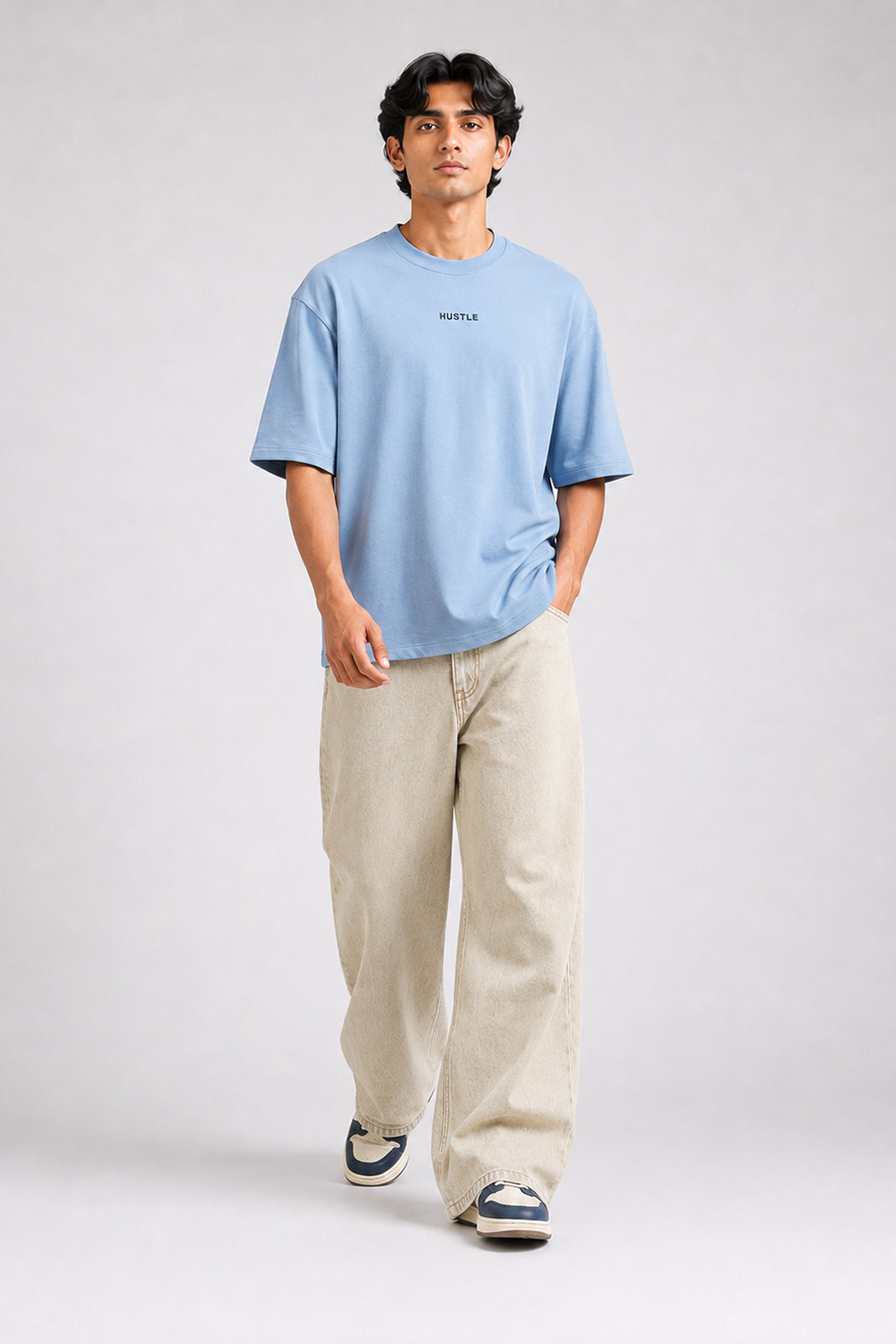 HUSTLE Men's Crew Neck Oversized Tees - Dull Blue