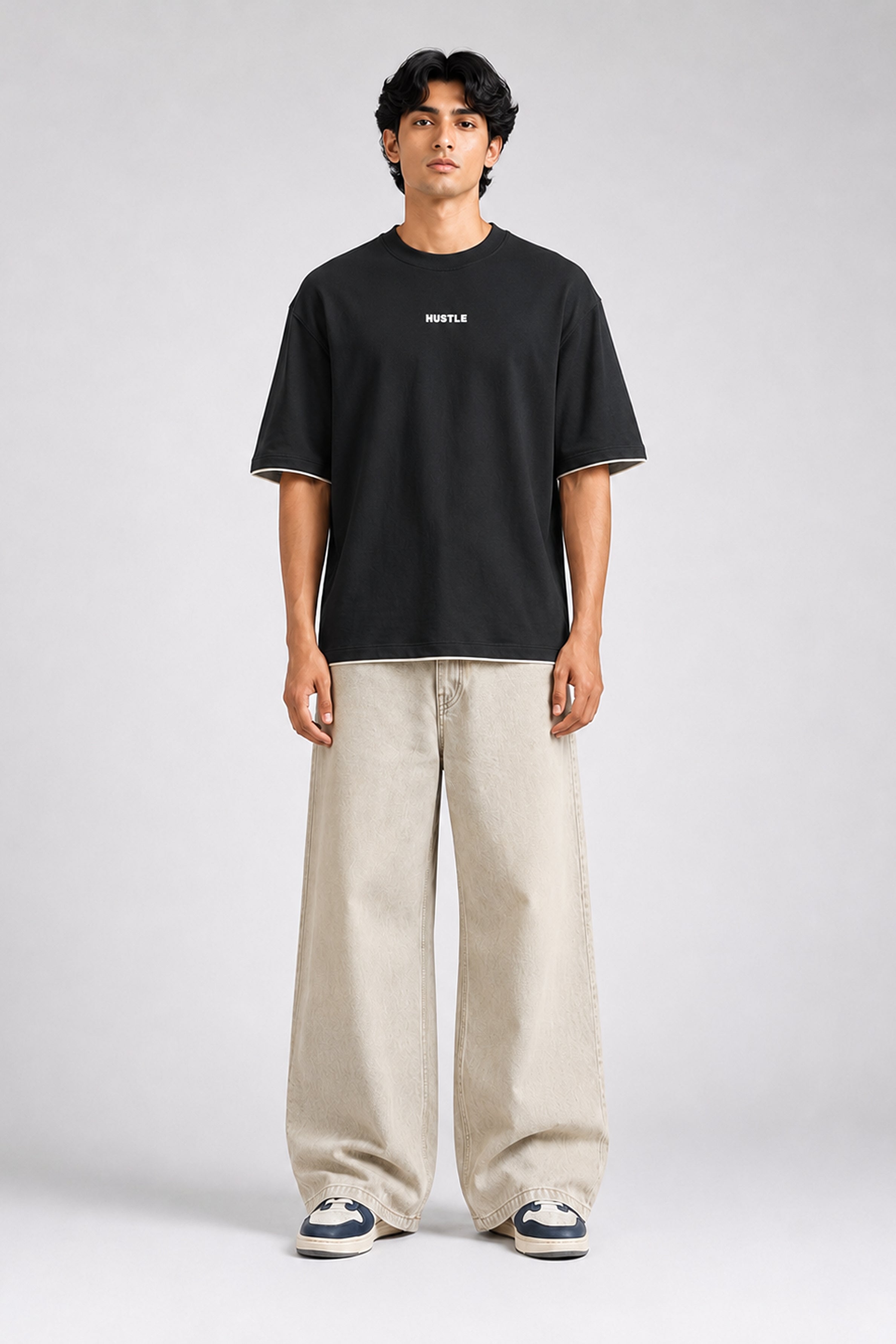 HUSTLE Men's Crew Neck Oversized Tees - Black