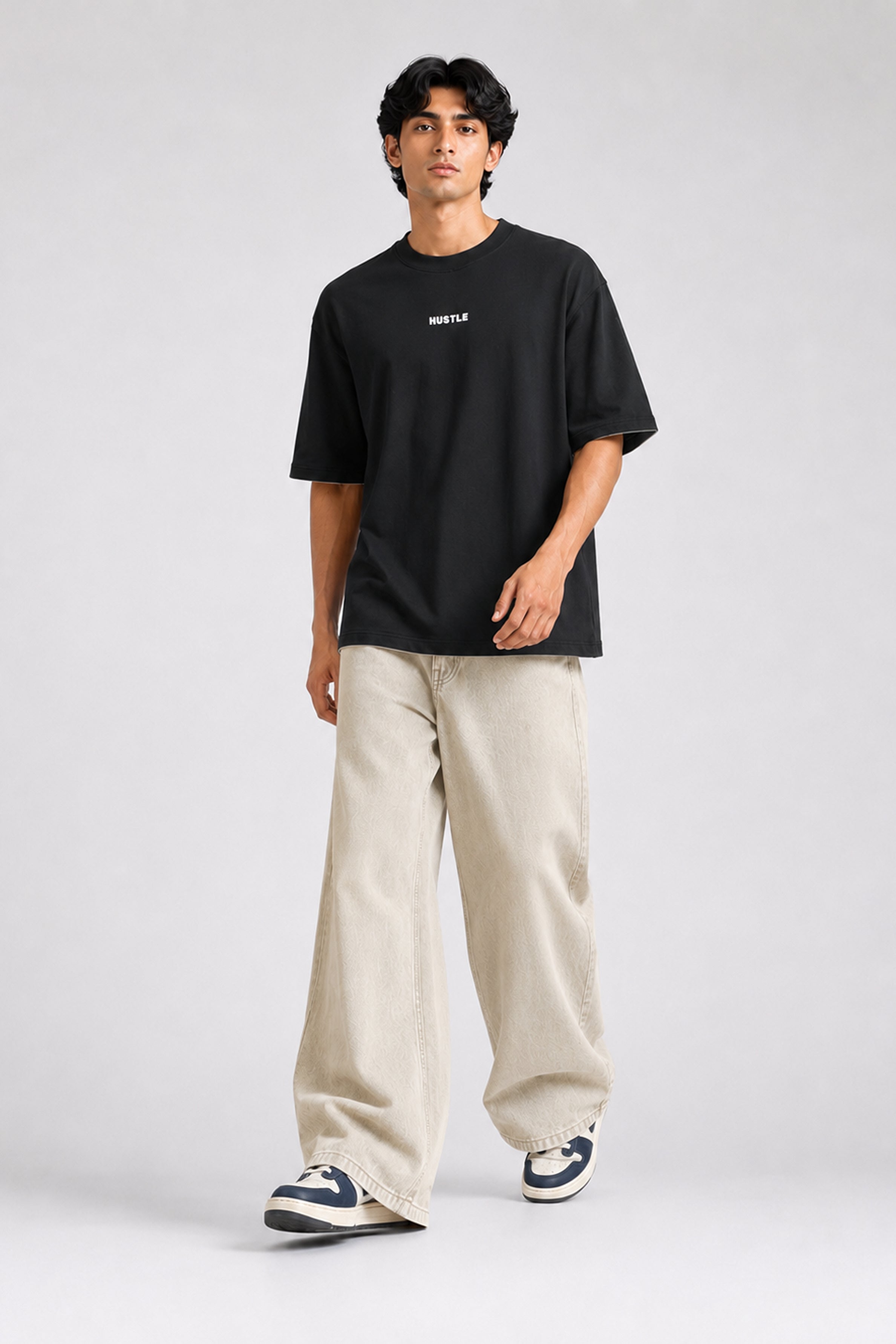HUSTLE Men's Crew Neck Oversized Tees - Black