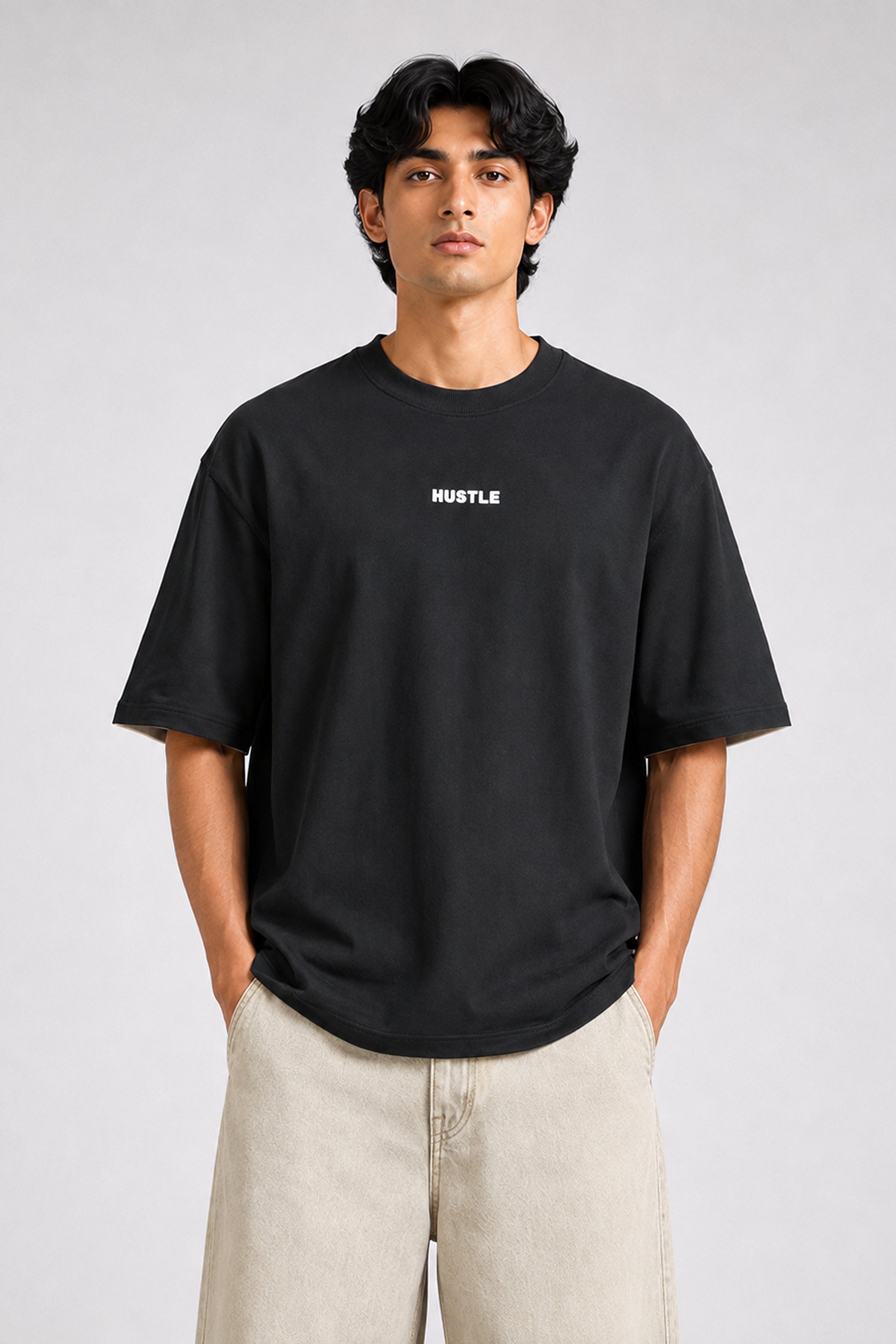 HUSTLE men's black oversized crew neck T-shirt in 220 GSM cotton blend