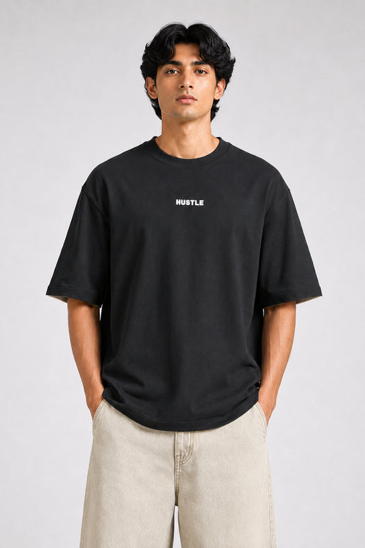 HUSTLE men's black oversized crew neck T-shirt in 220 GSM cotton blend