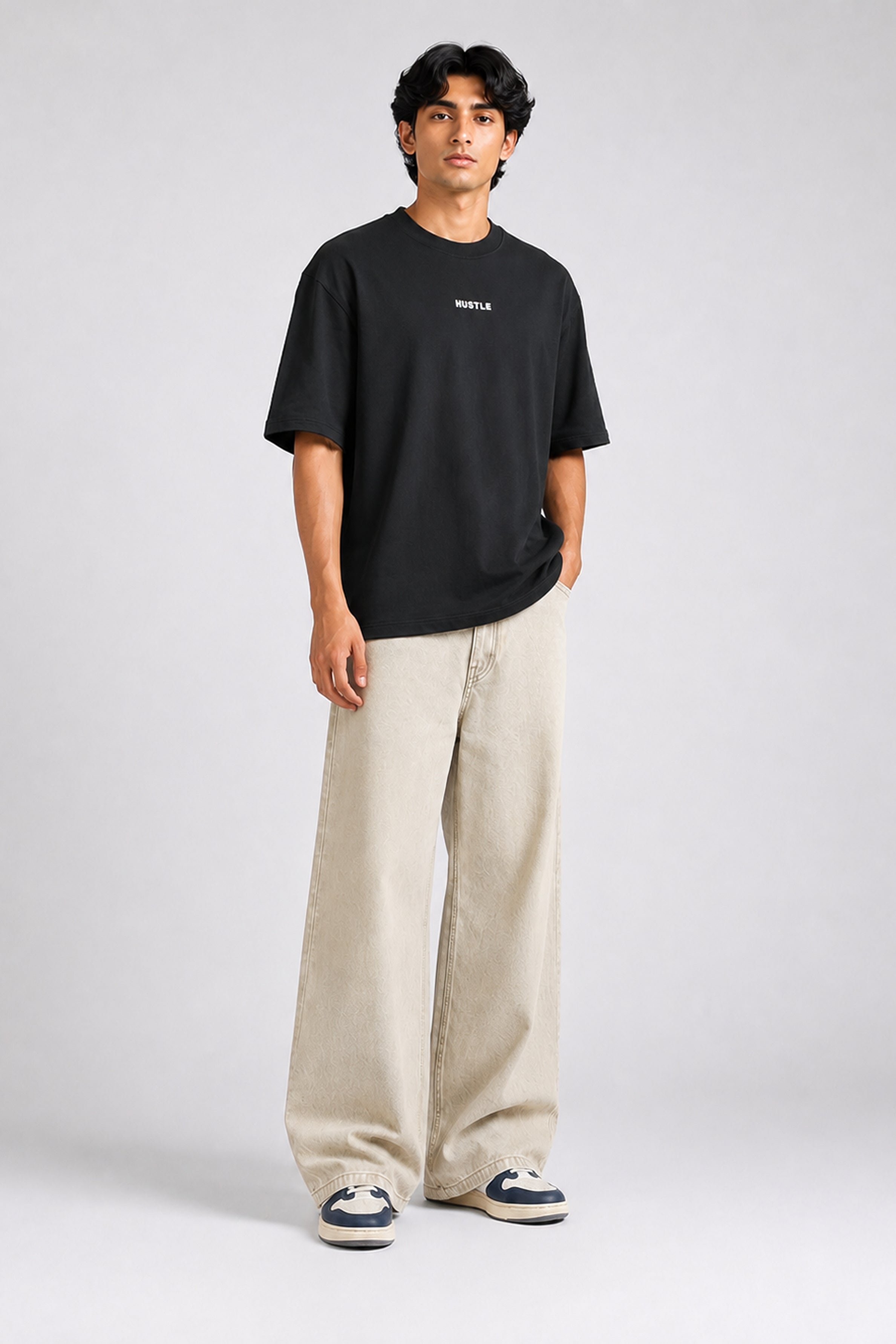 HUSTLE Men's Crew Neck Oversized Tees - Black