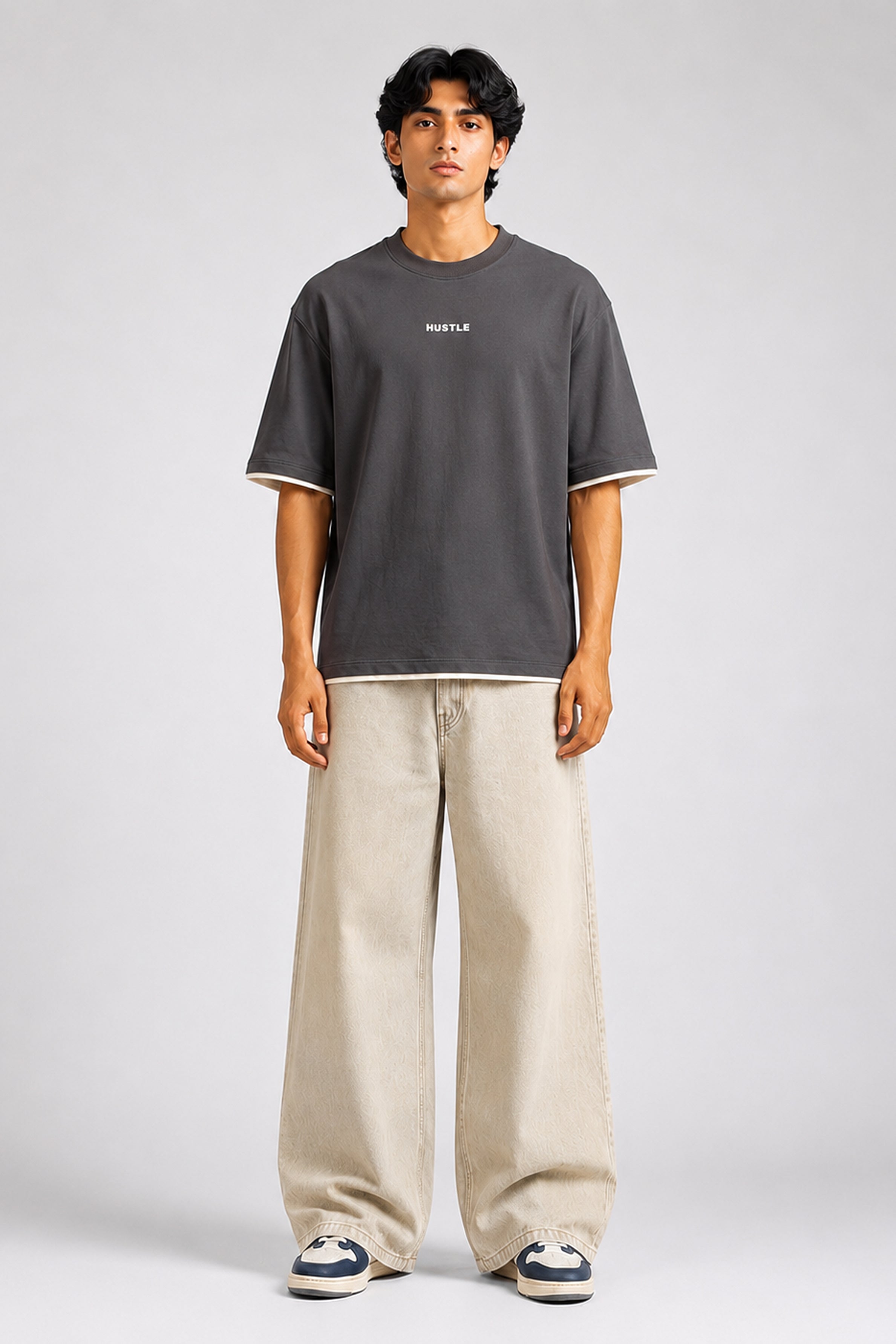 HUSTLE Men's Crew Neck Oversized Tees - Dark Gray