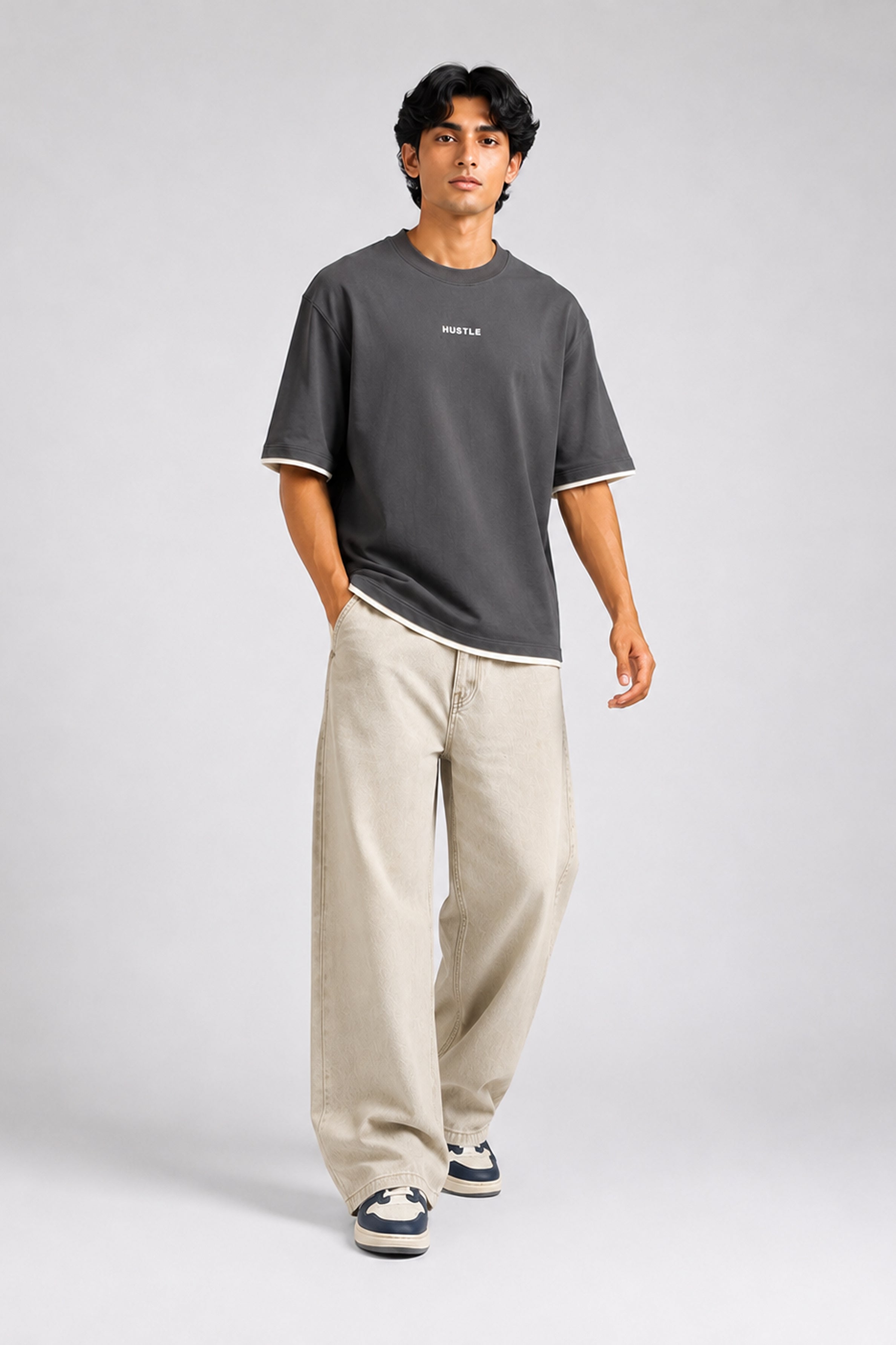 HUSTLE Men's Crew Neck Oversized Tees - Dark Gray
