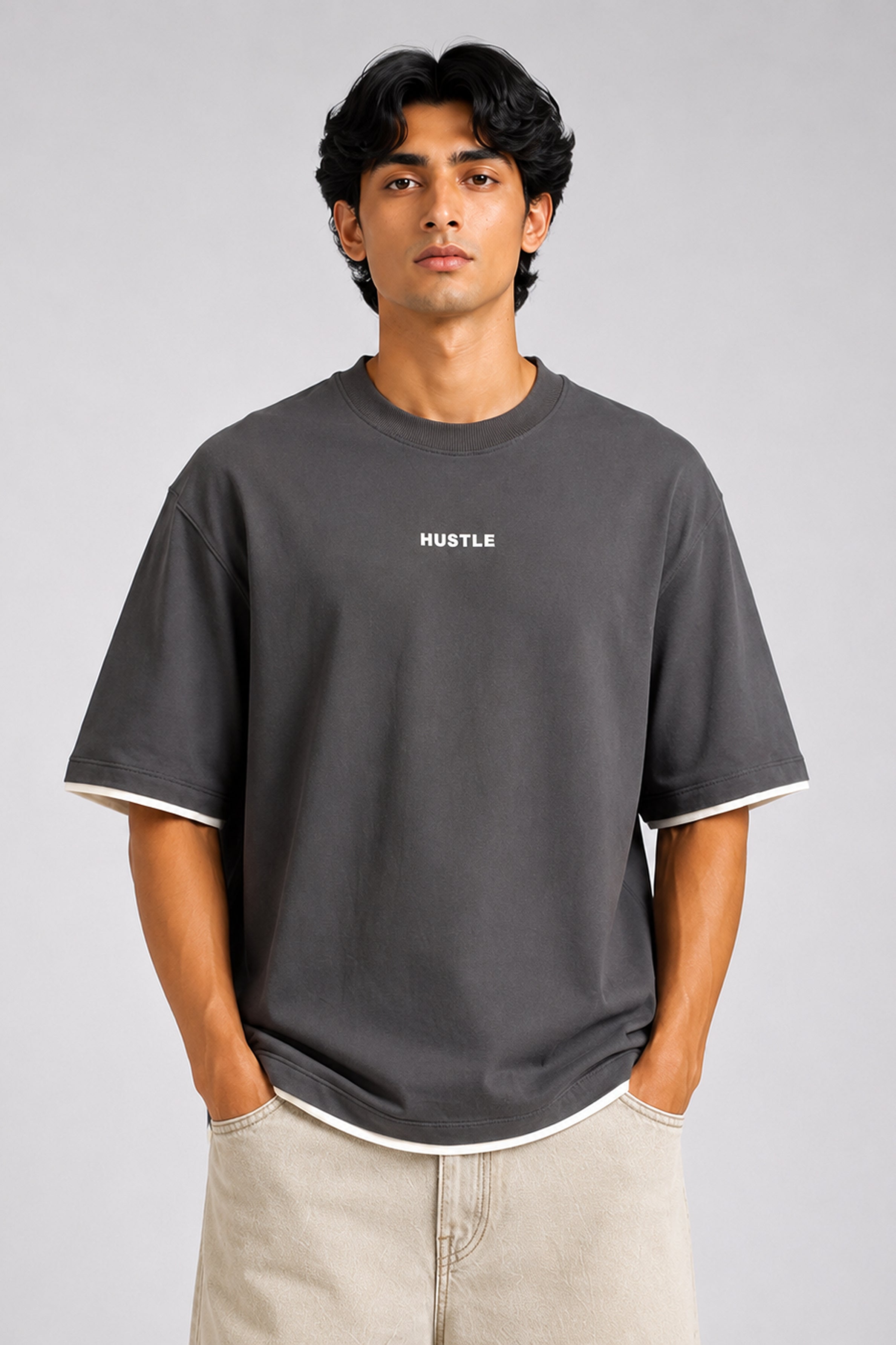HUSTLE men's dark grey oversized crew neck T-shirt in 220 GSM cotton blend