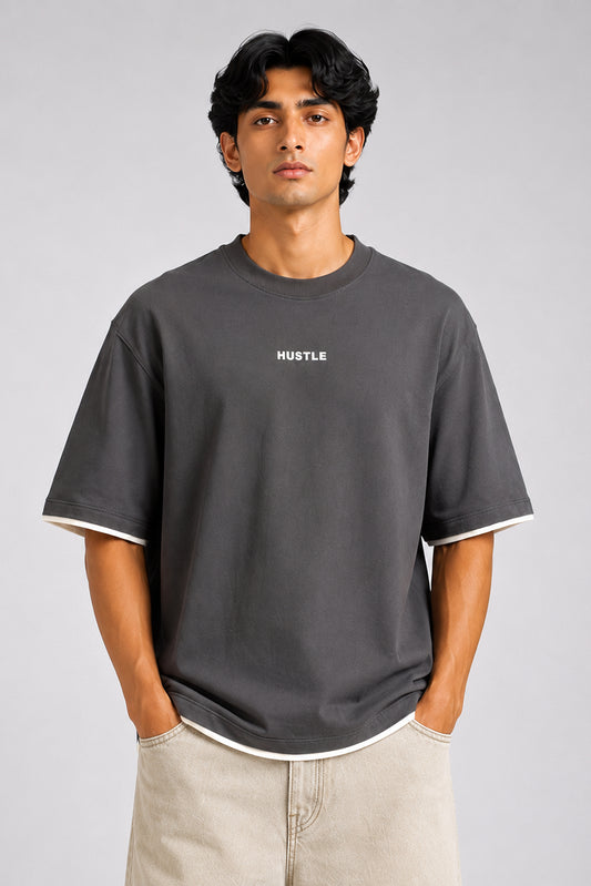 HUSTLE men's dark grey oversized crew neck T-shirt in 220 GSM cotton blend