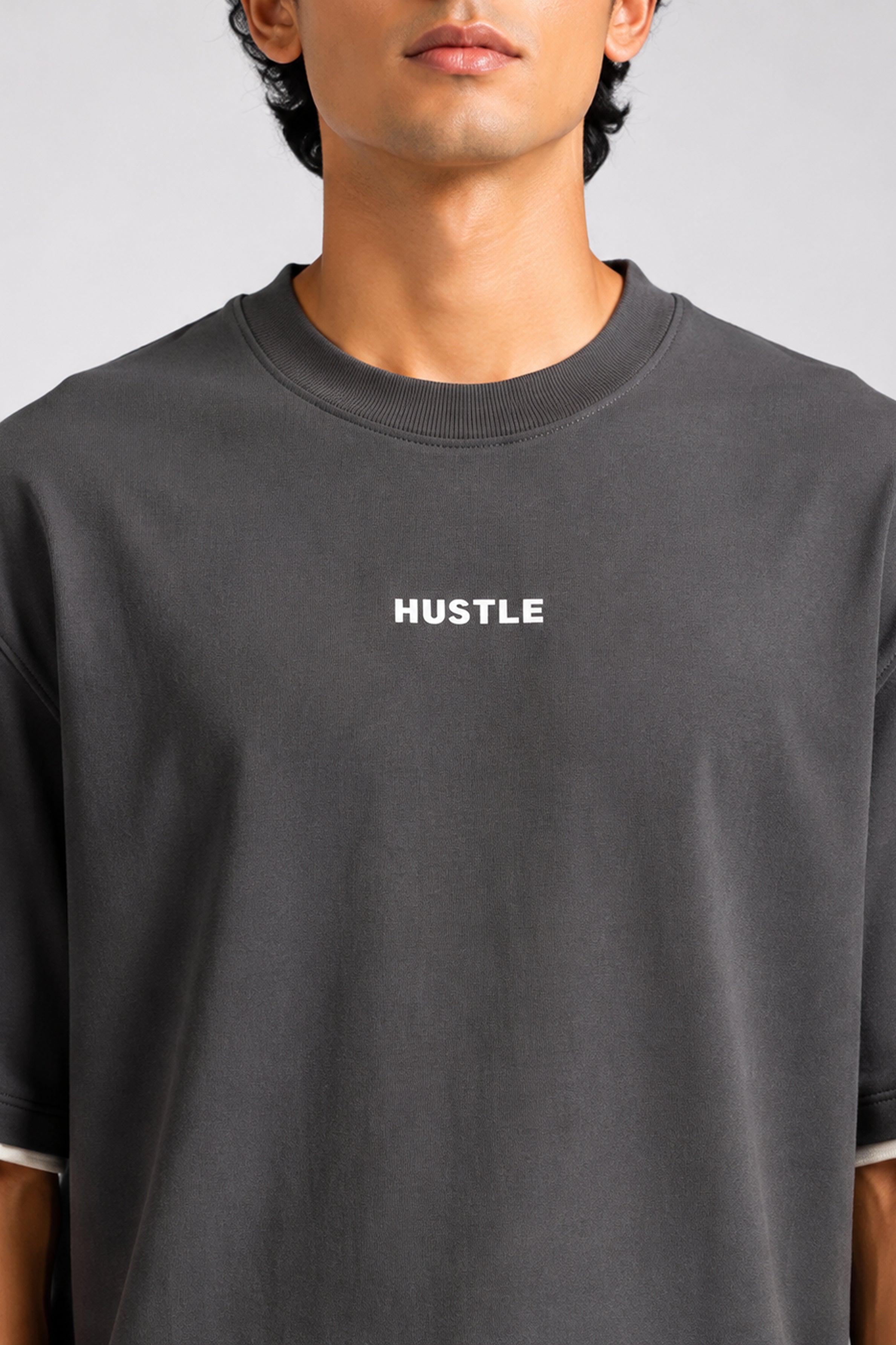 HUSTLE Men's Crew Neck Oversized Tees - Dark Gray