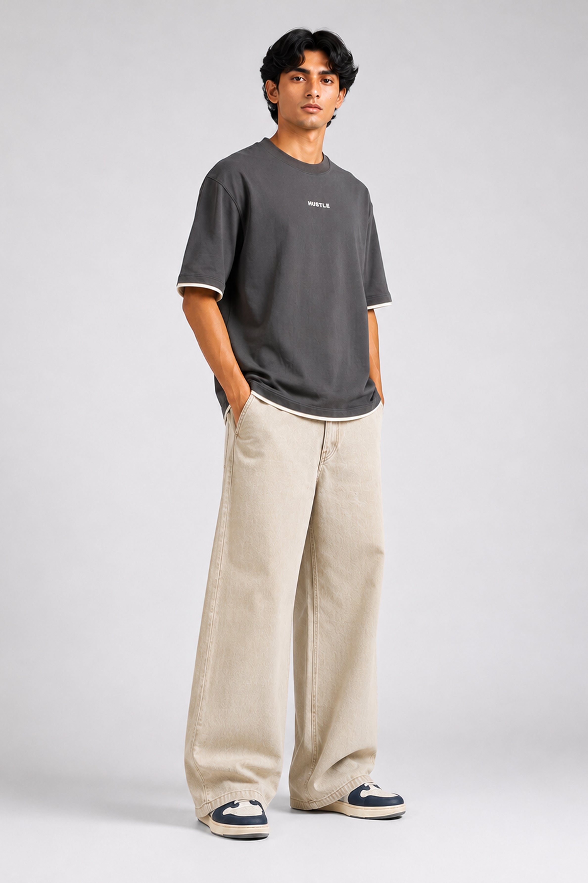 HUSTLE Men's Crew Neck Oversized Tees - Dark Gray