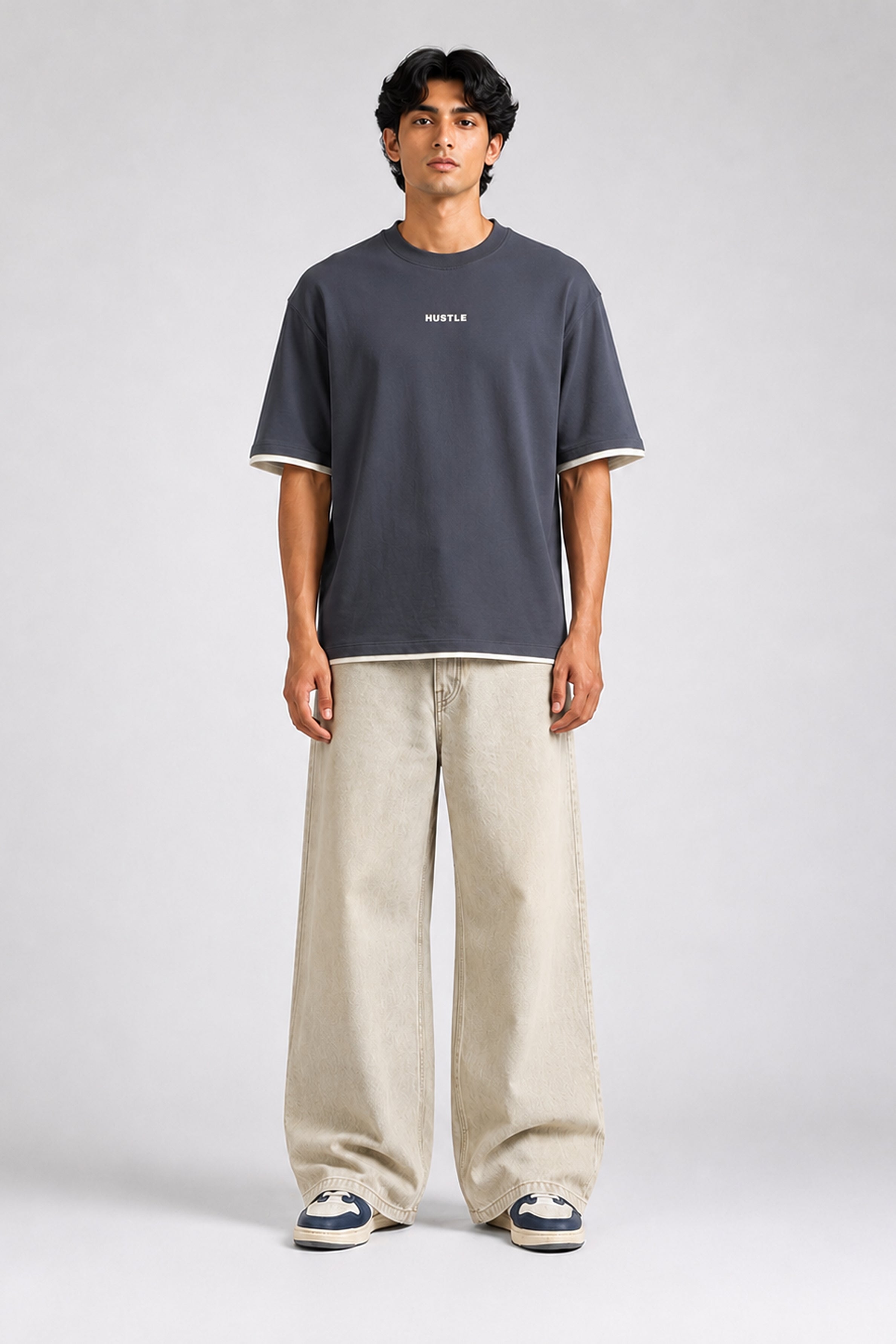 HUSTLE Men's Crew Neck Oversized Tees - Dark Gray