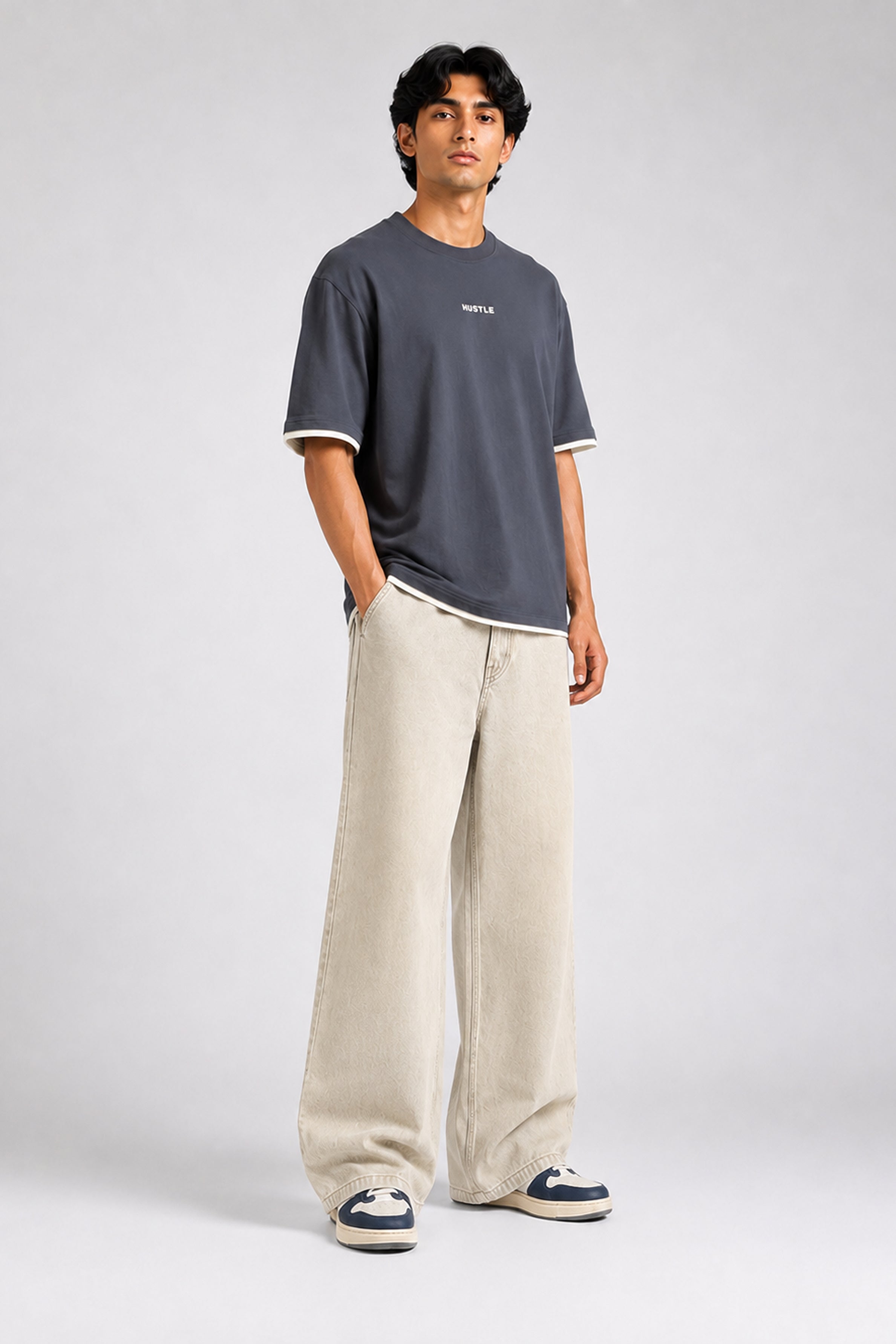 HUSTLE Men's Crew Neck Oversized Tees - Dark Gray