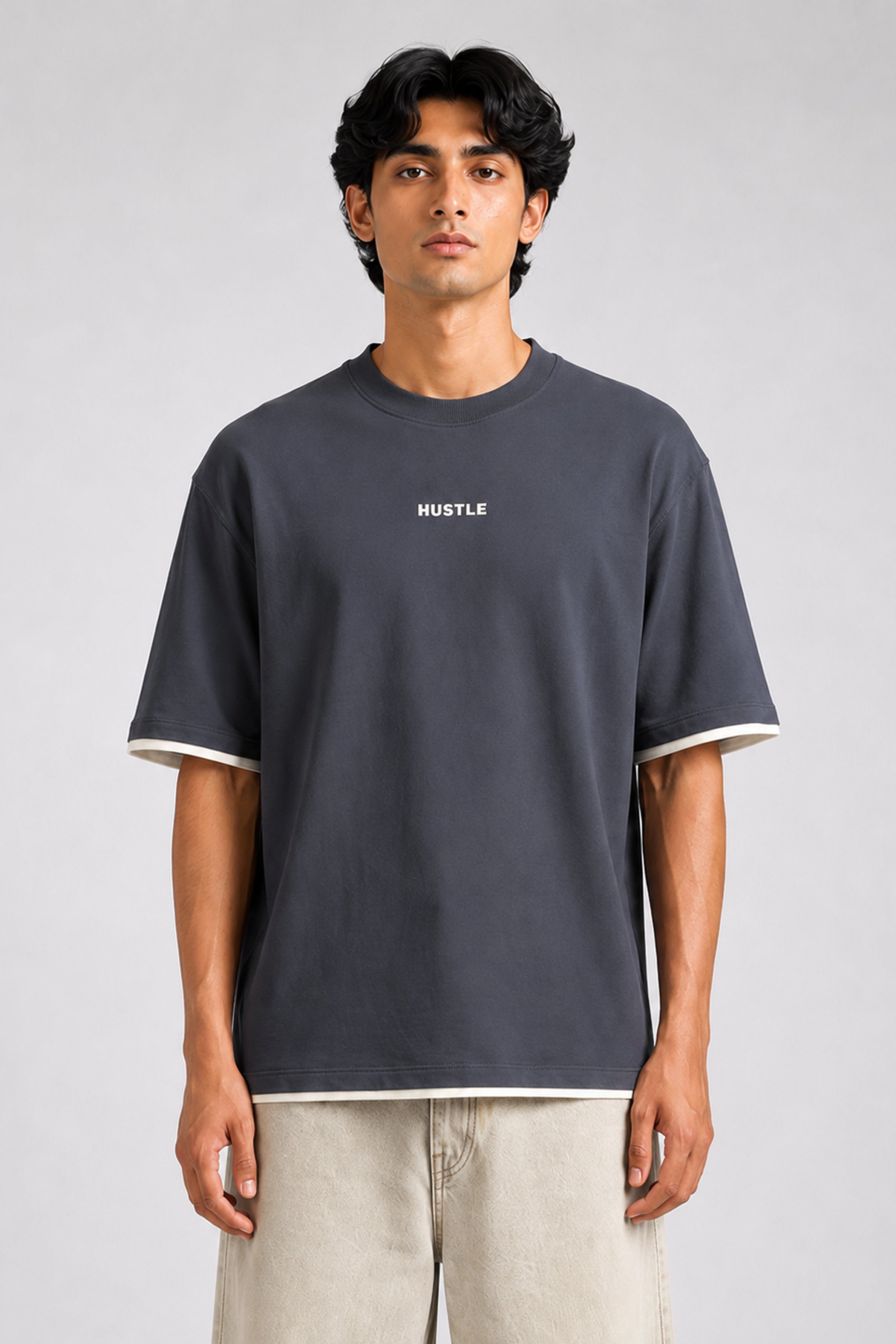 HUSTLE men's dark grey oversized crew neck T-shirt in 220 GSM cotton blend