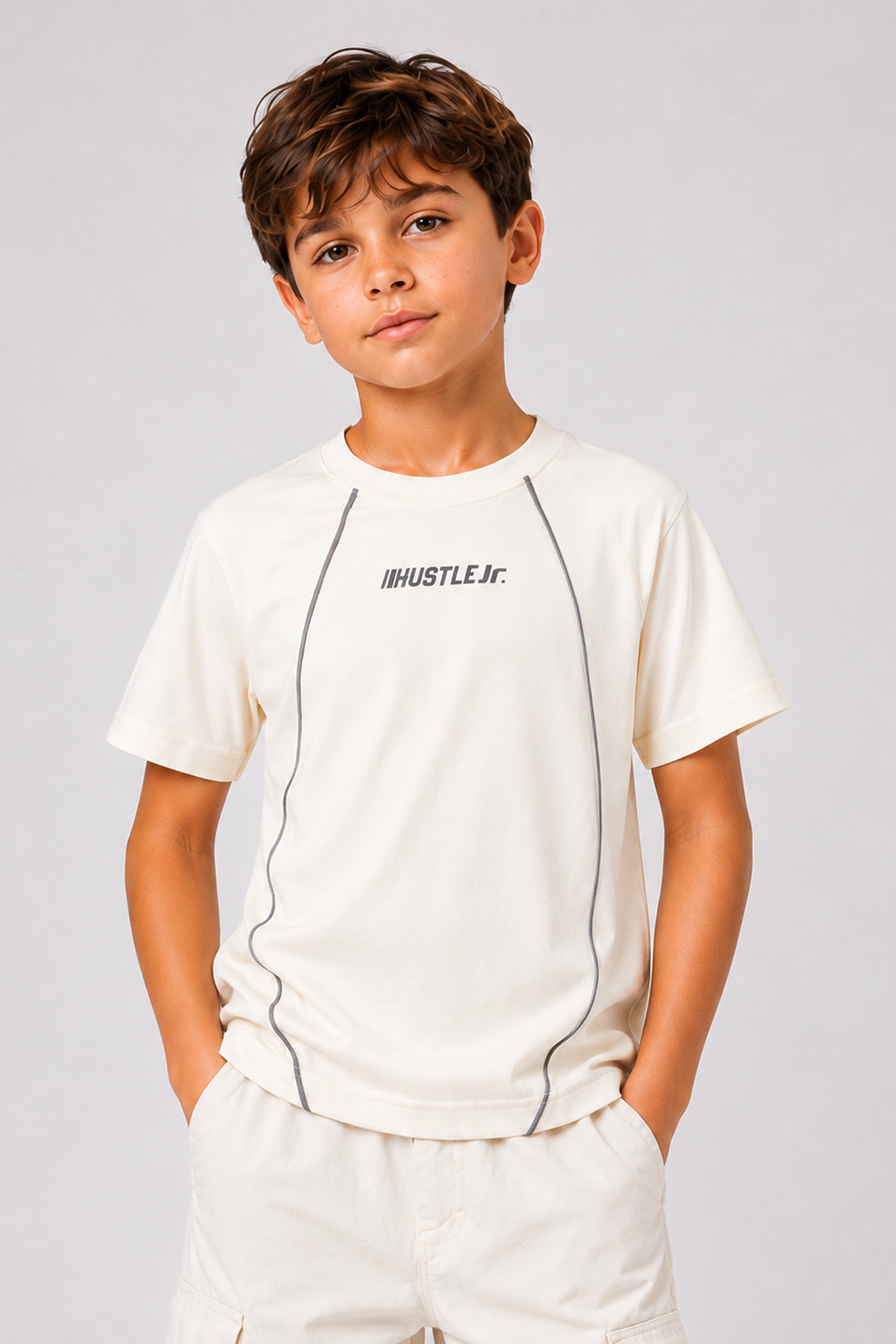 HUSTLE JUNIOR Crew Neck Tees - Cream