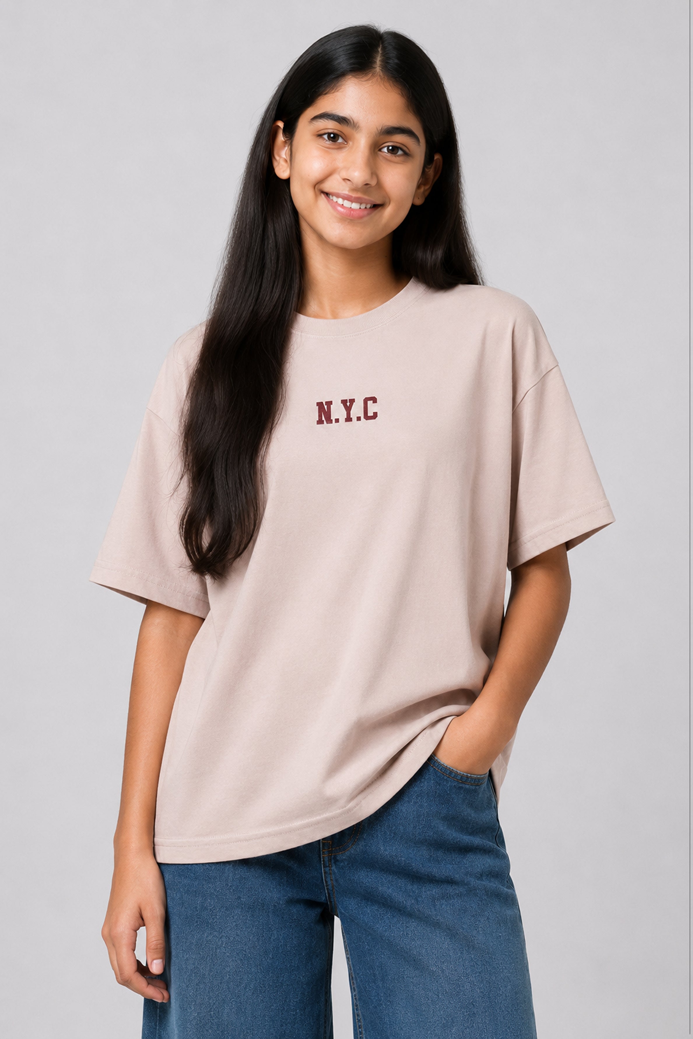 MISS MODANO Kid's Crew Neck Oversized Tees - Beige