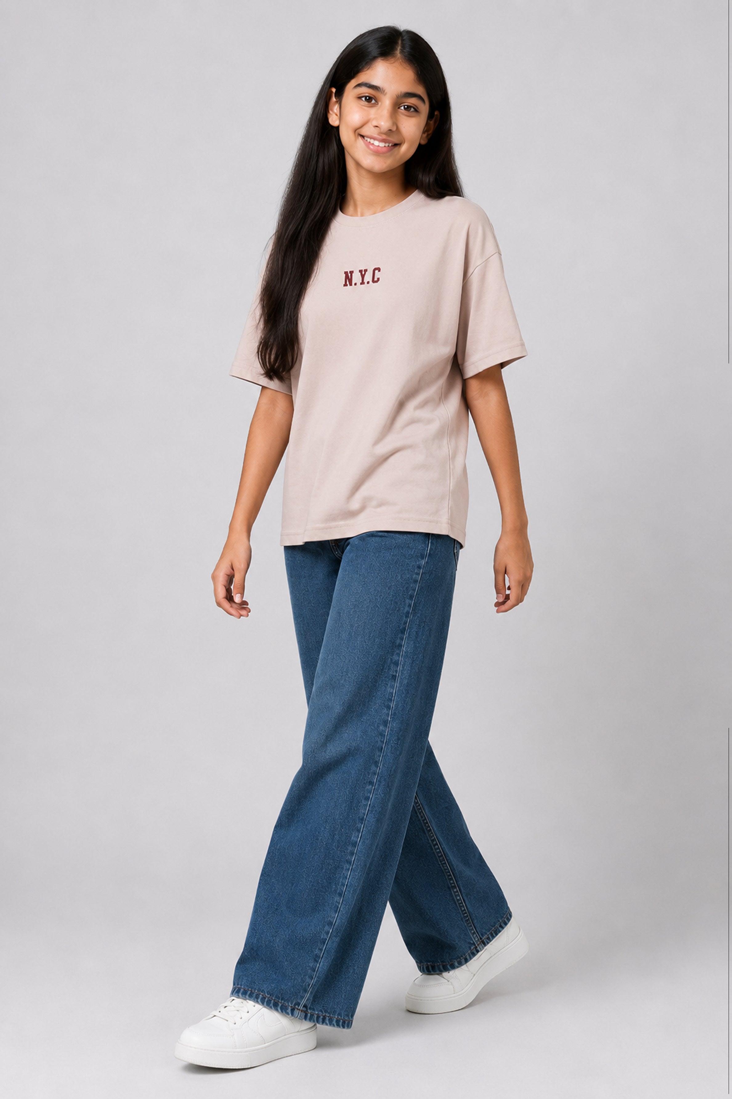 MISS MODANO Kid's Crew Neck Oversized Tees - Beige