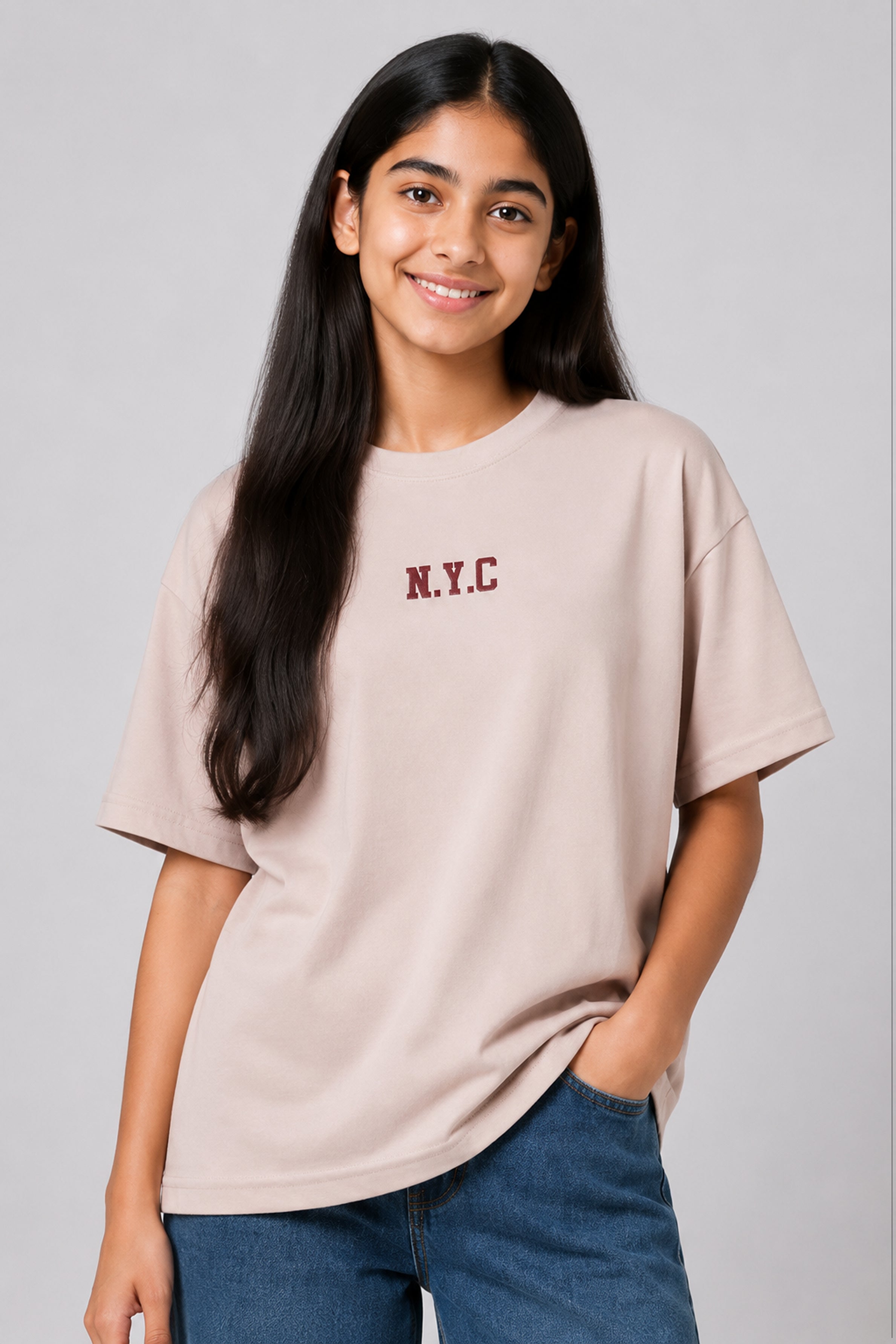 MISS MODANO Kid's Crew Neck Oversized Tees - Beige