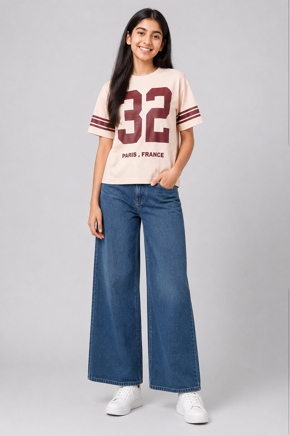 MISS MODANO Kid's Crew Neck Oversized Tees - Beige