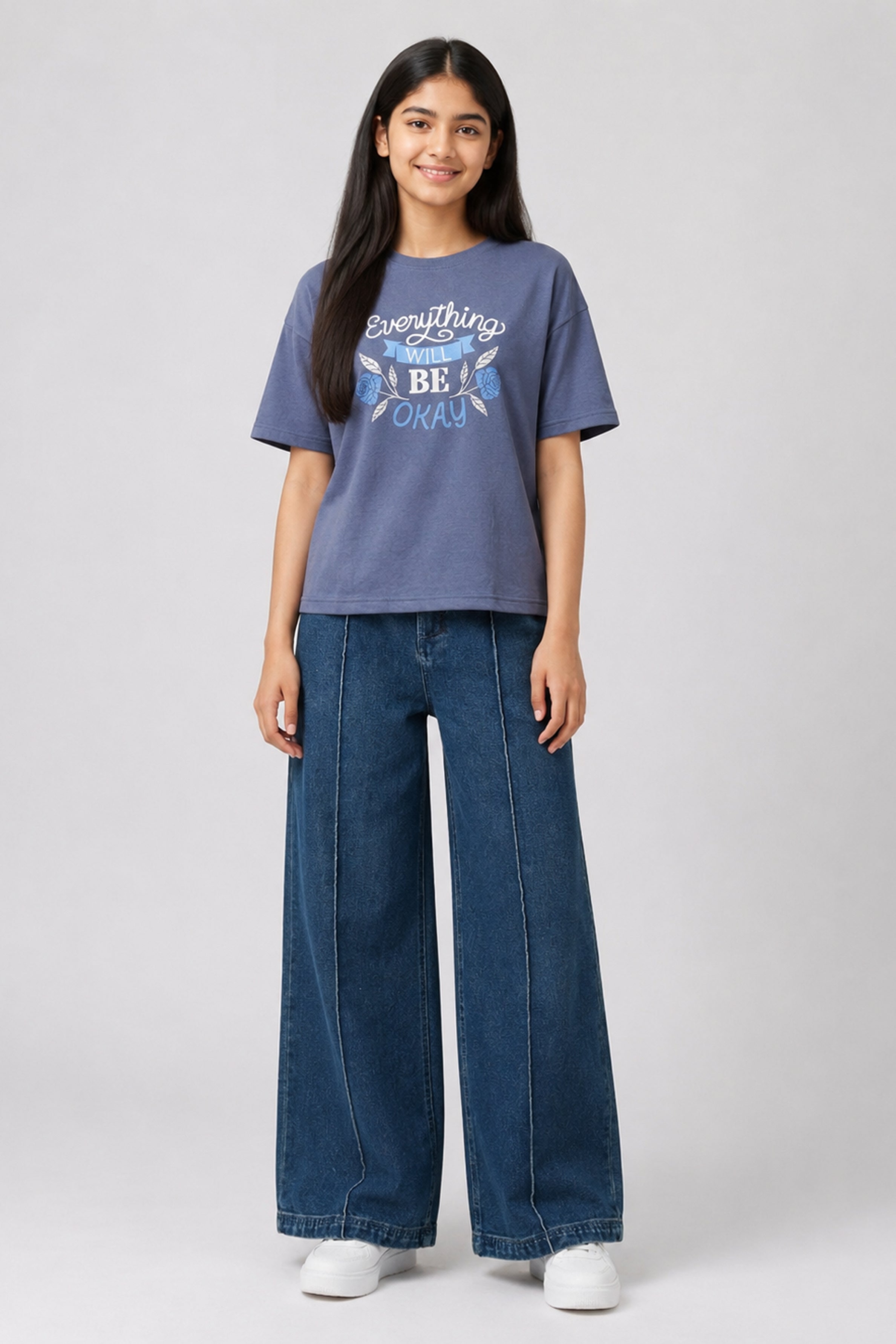 MISS MODANO Kid's Crew Neck Oversized Tees - Blue