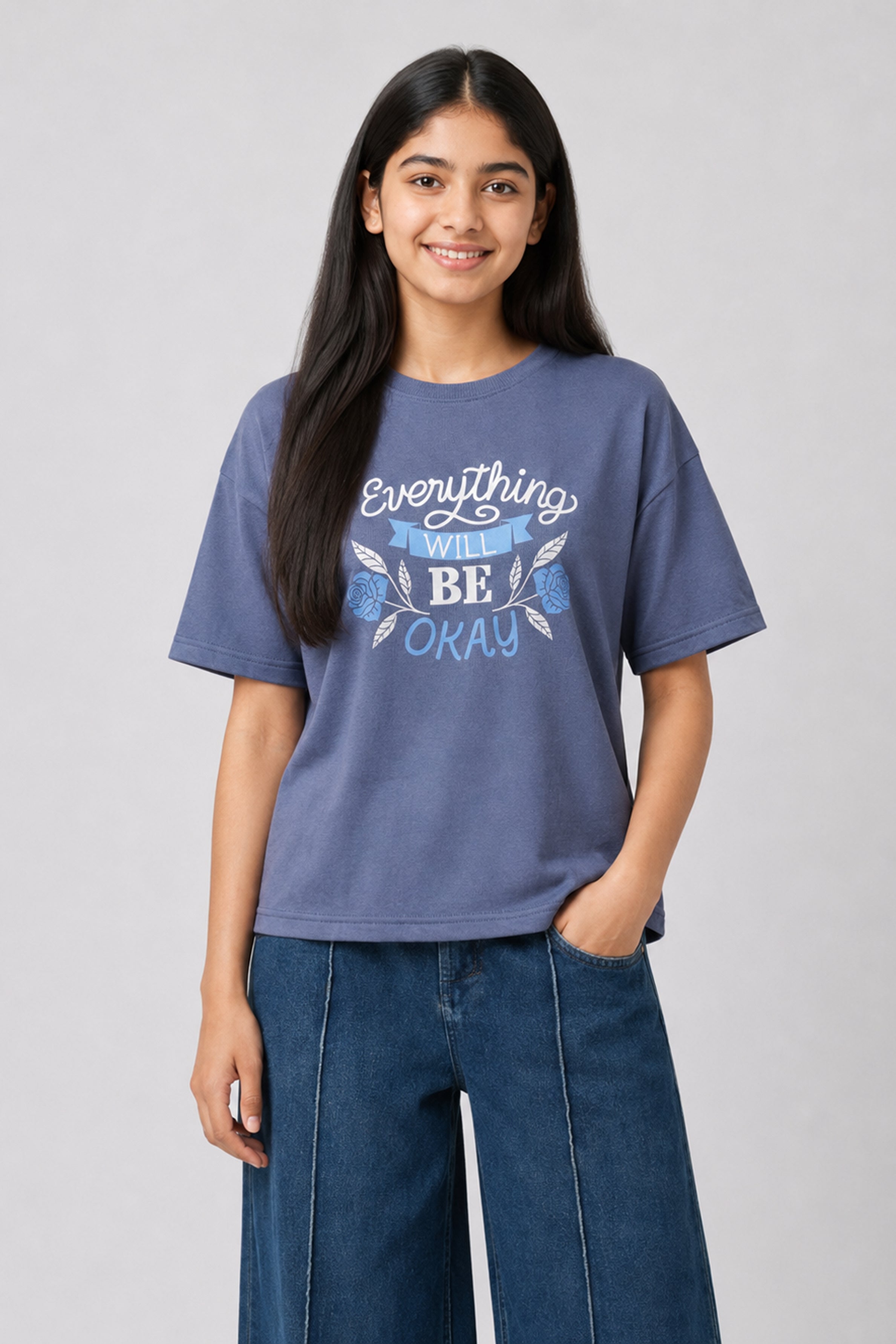 MISS MODANO Kid's Crew Neck Oversized Tees - Blue