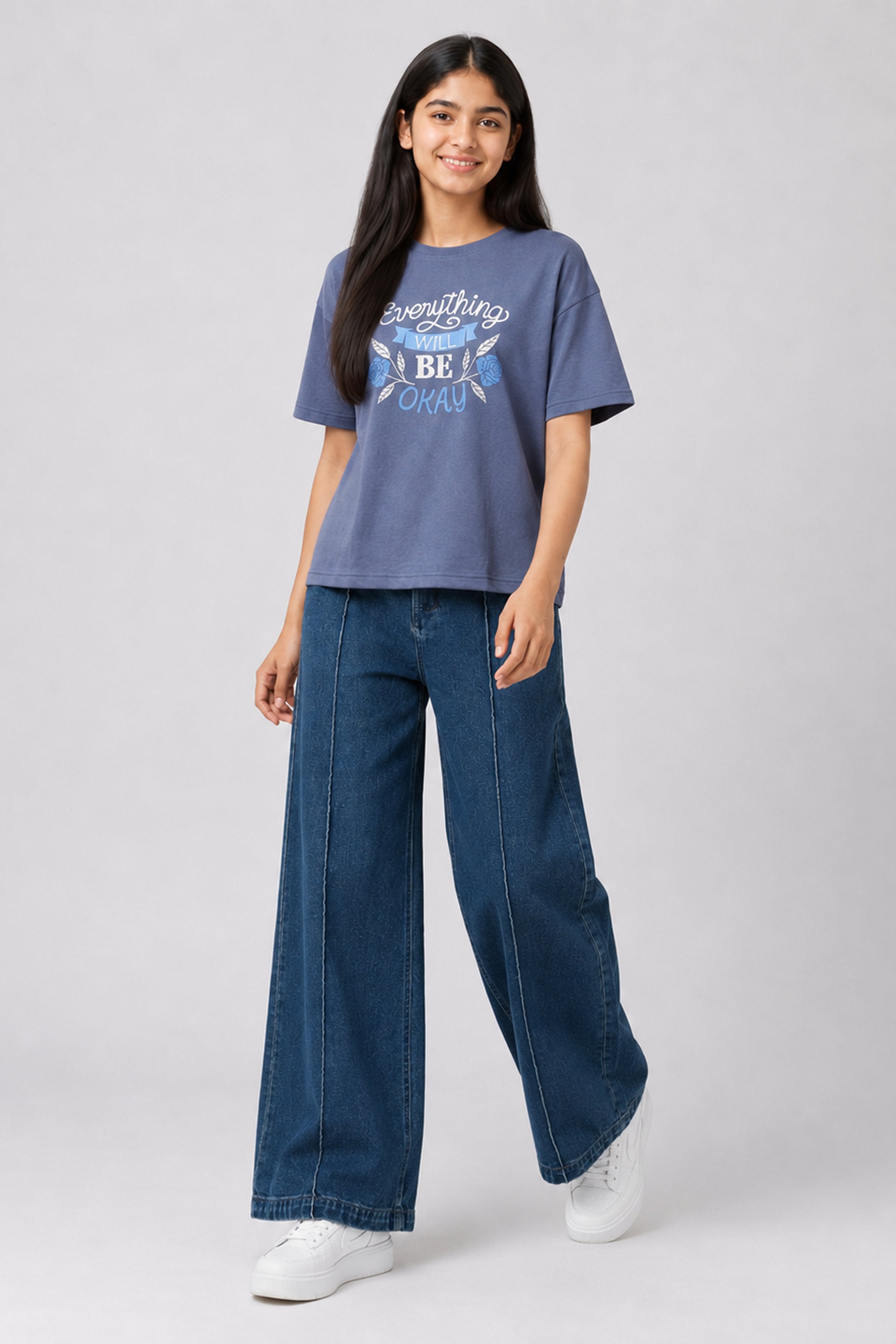 MISS MODANO Kid's Crew Neck Oversized Tees - Blue