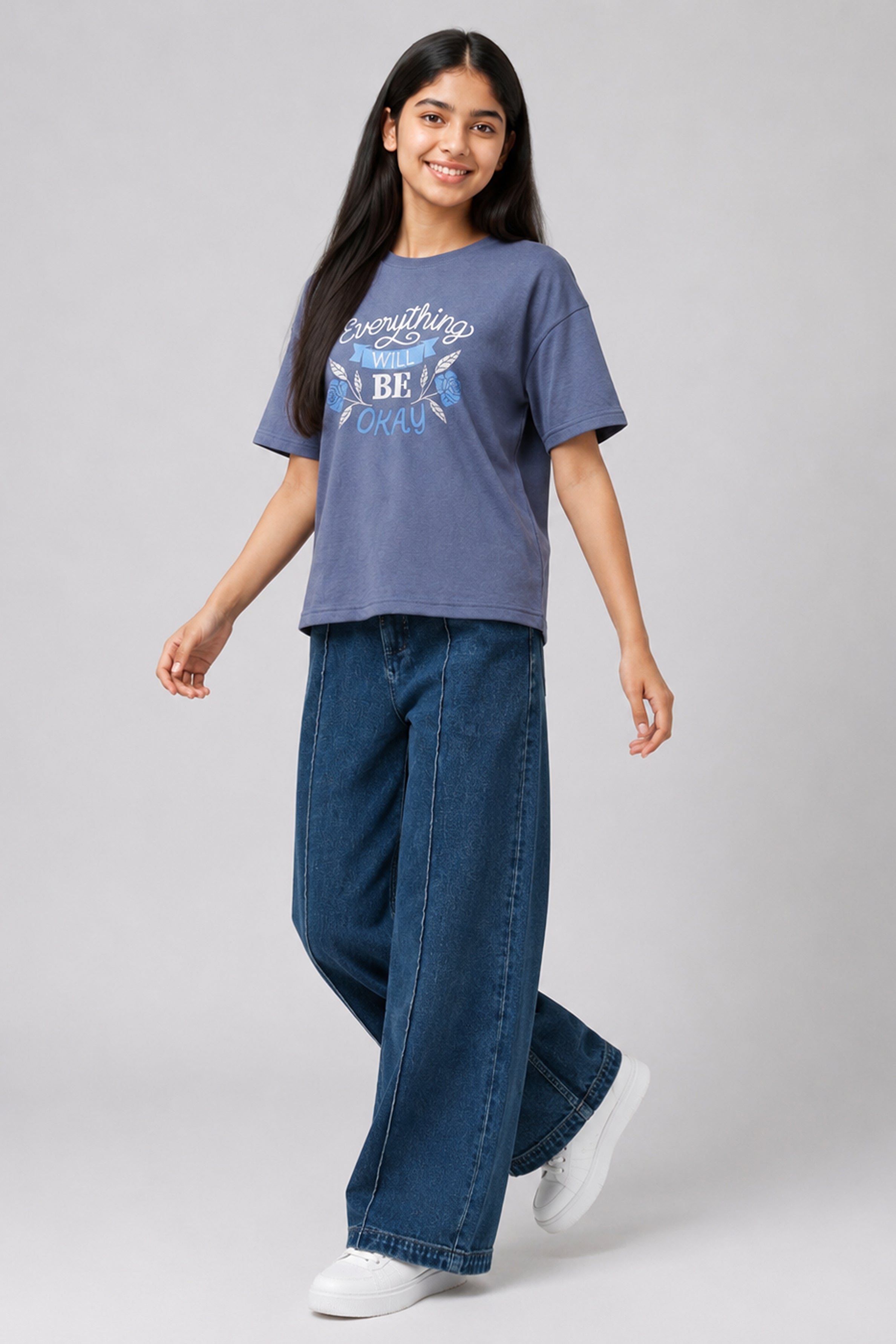 MISS MODANO Kid's Crew Neck Oversized Tees - Blue