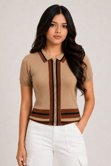 MODANO Regular Fit Full-Zip T-Shirt - Beige