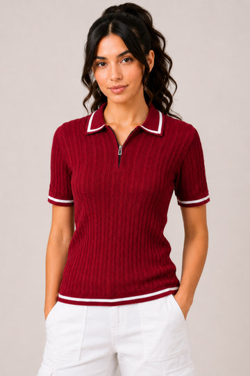 MODANO Regular Fit Half-Zip T-Shirt - Maroon