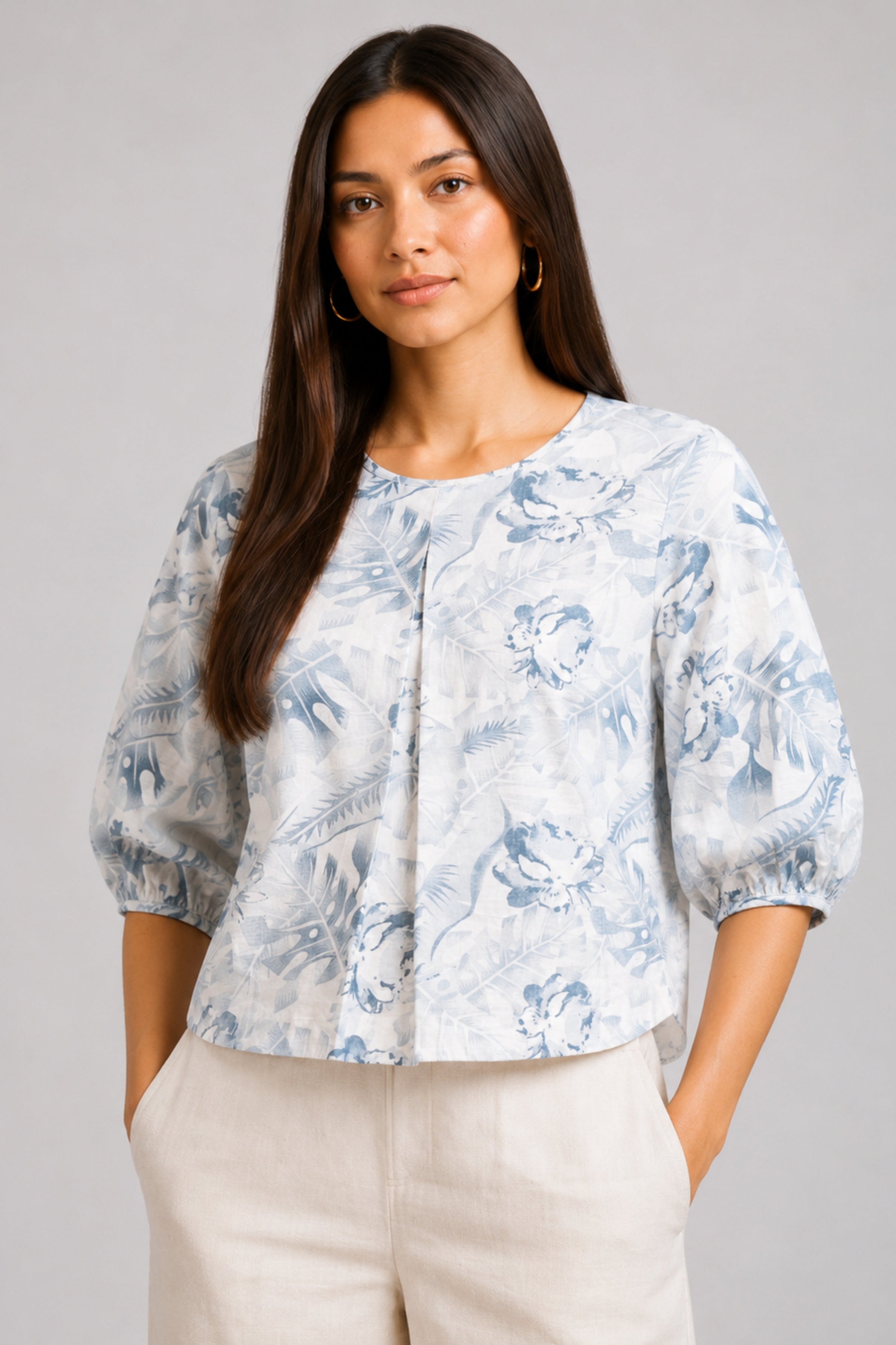 ENVOGUE Women's Linen Blouse-Blue