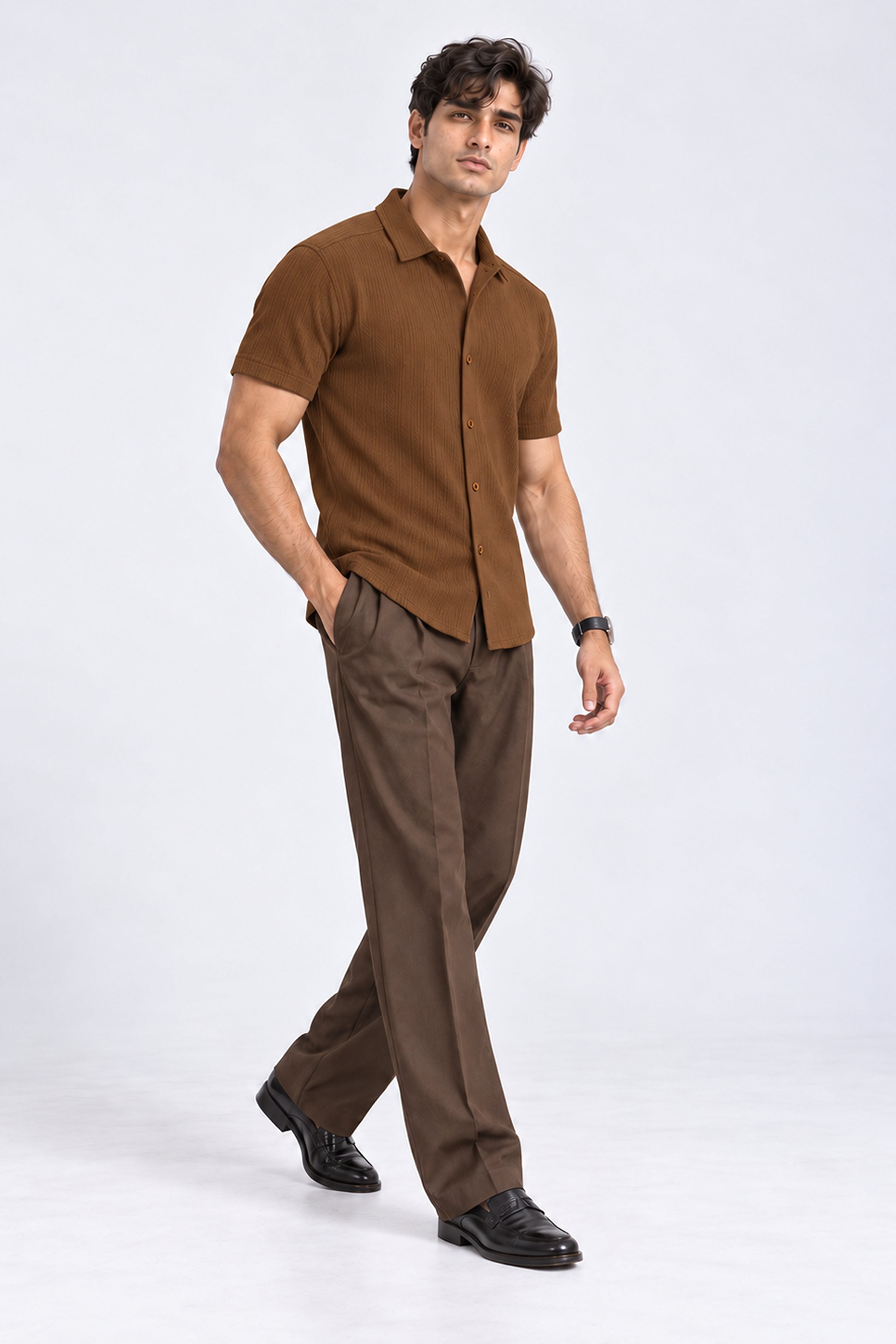 KING STREET Men's Casual Short Sleeve Shirt -Brown