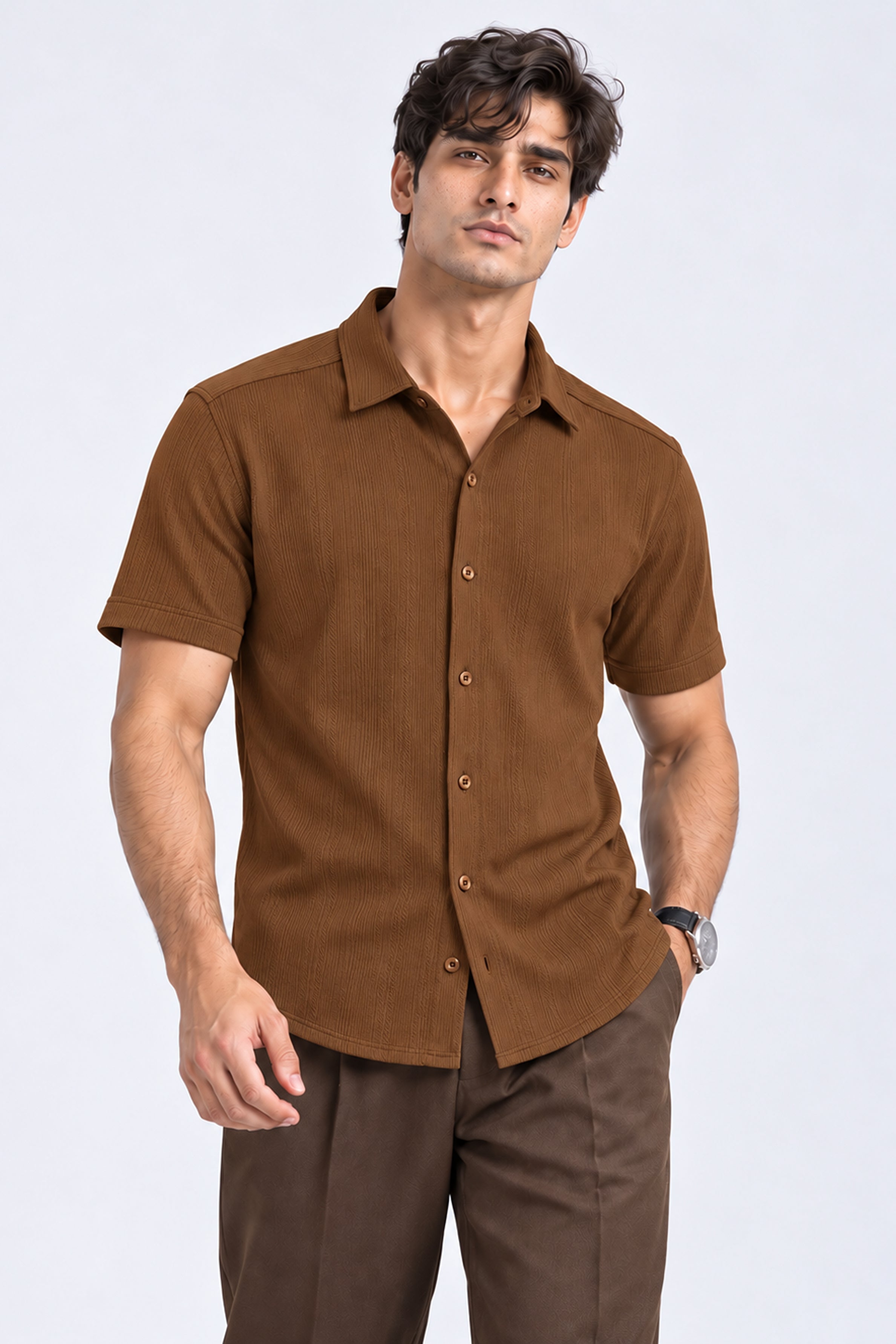 KING STREET Men's Casual Short Sleeve Shirt -Brown