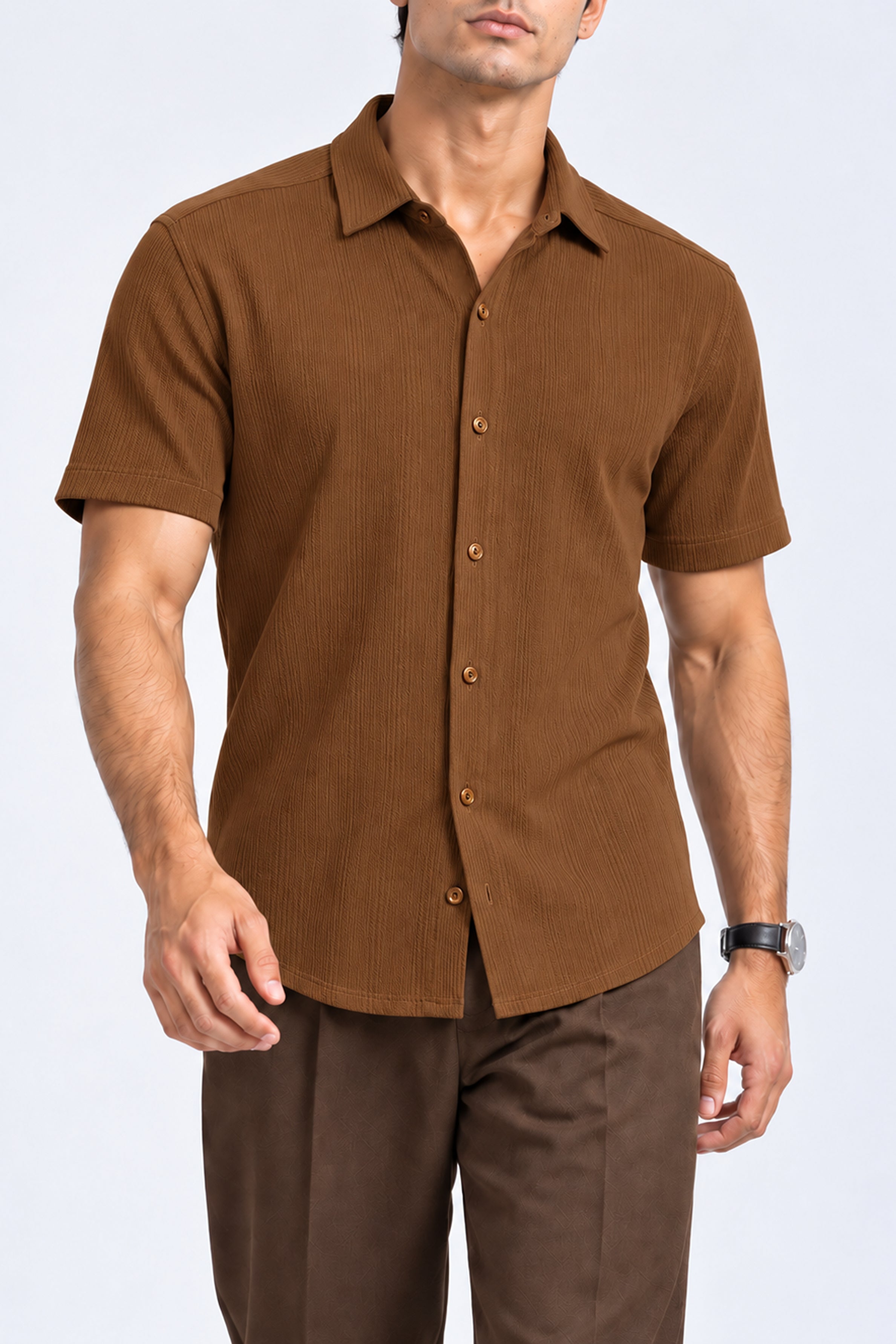 KING STREET Men's Casual Short Sleeve Shirt -Brown
