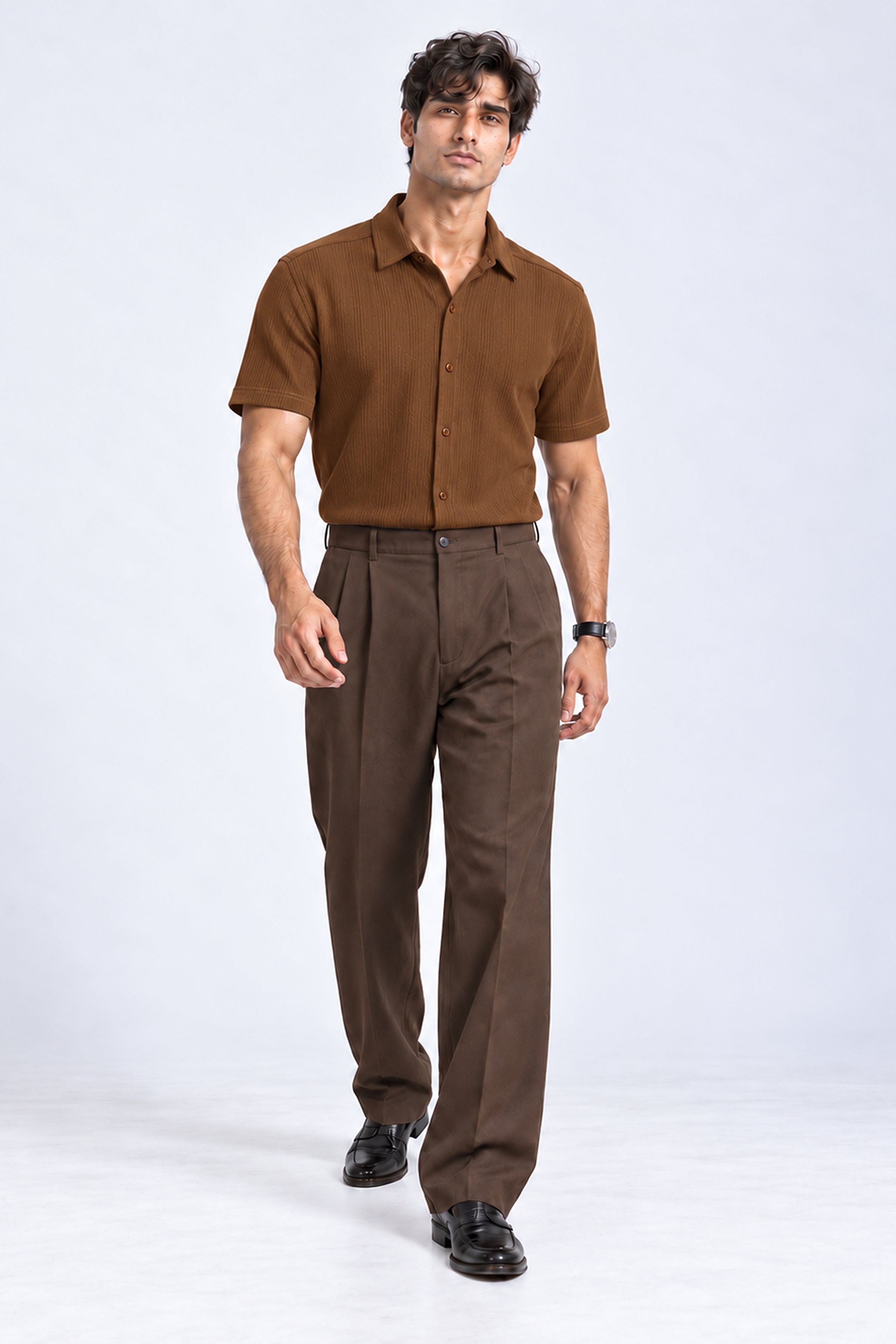 KING STREET Men's Casual Short Sleeve Shirt -Brown