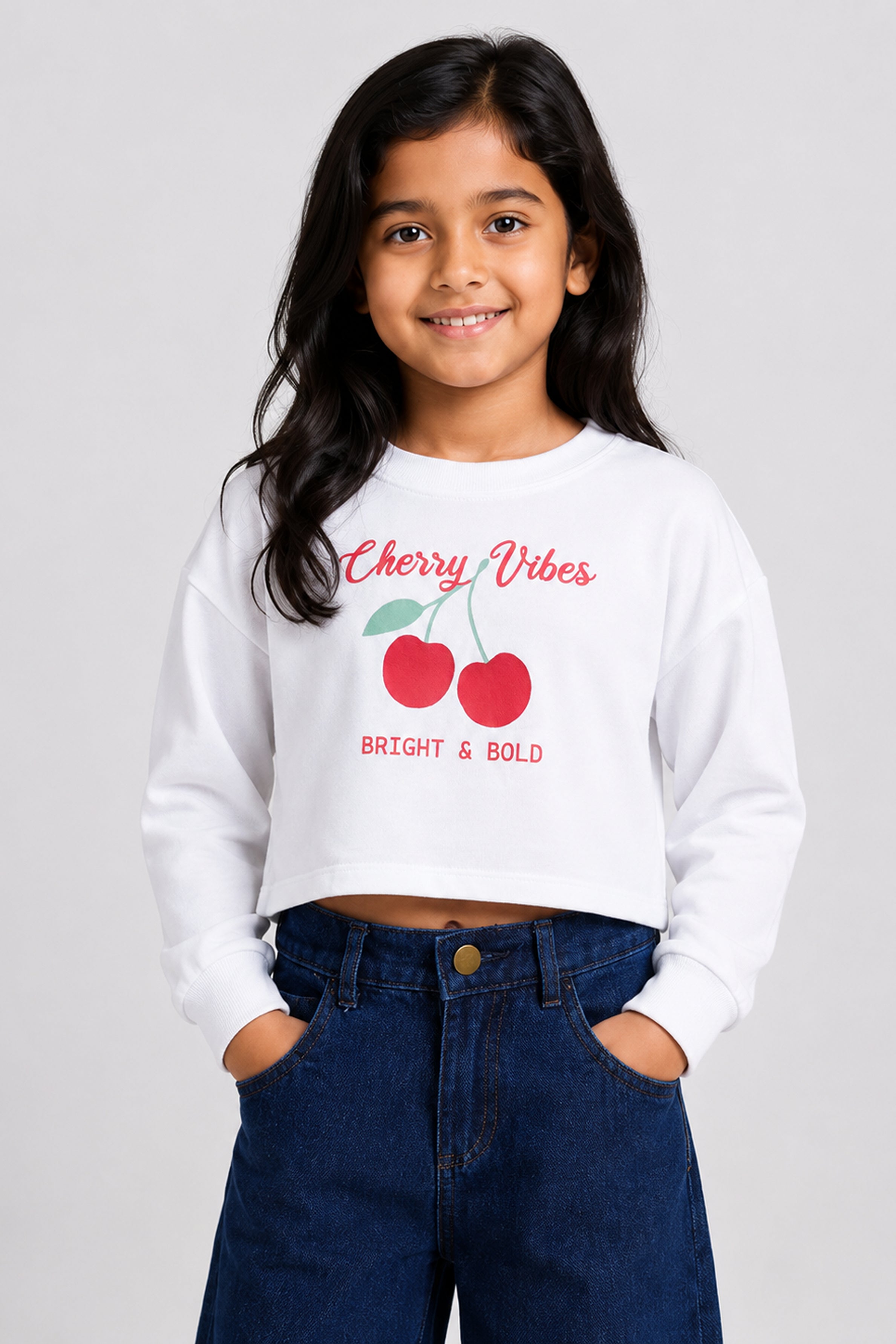 LITTLE MODANO Girls' White Long Sleeve Tee