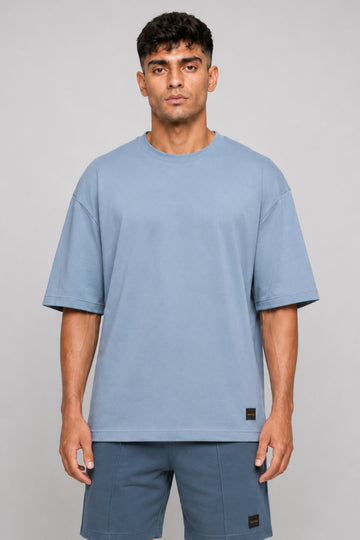HUSTLE Men's Crew Neck Oversized Tees - Dull Blue