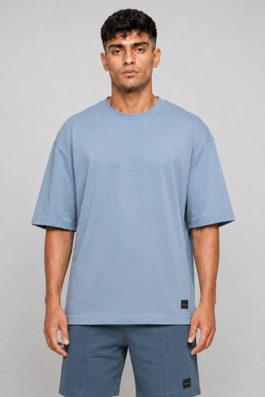 HUSTLE Men's Crew Neck Oversized Tees - Dull Blue