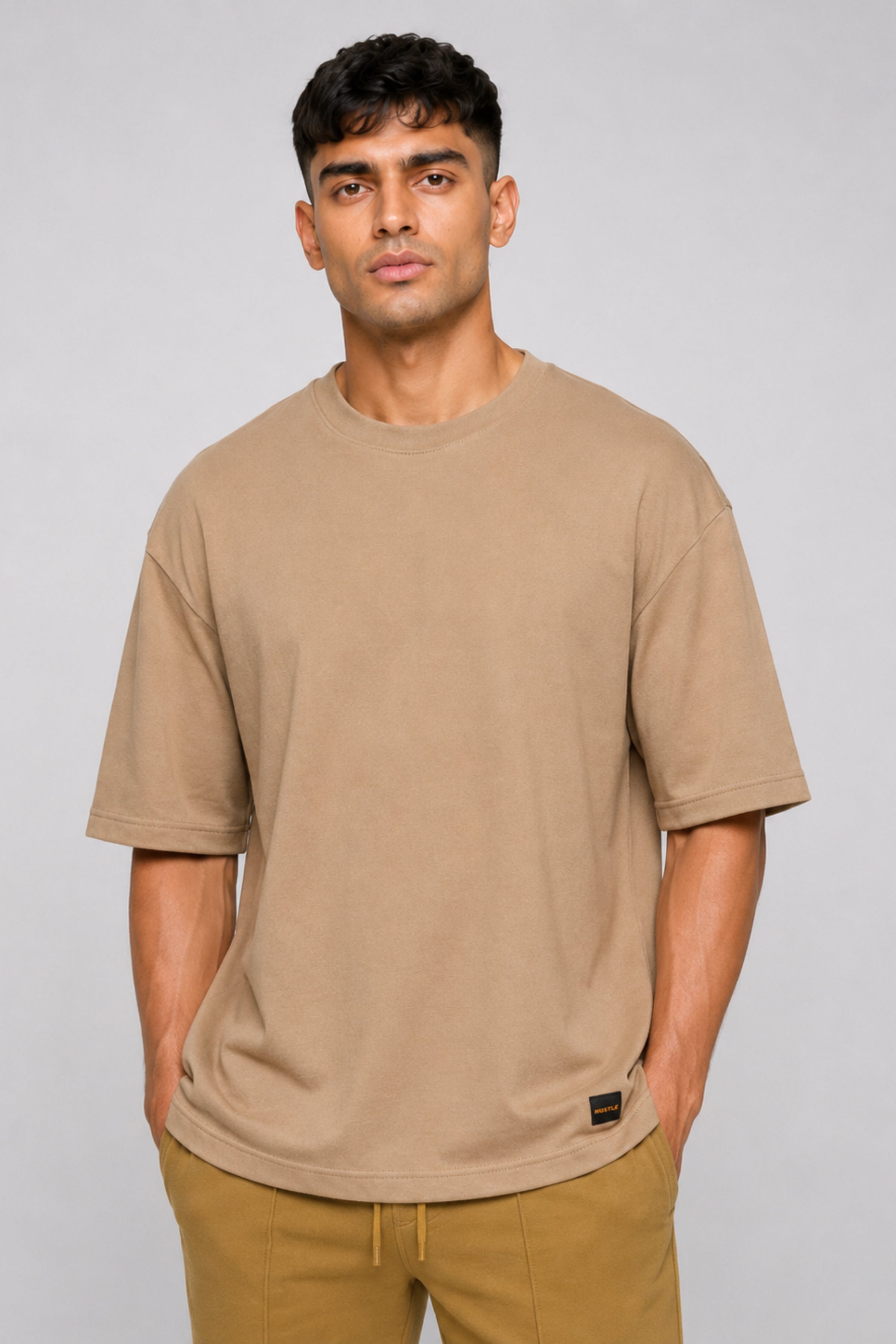 HUSTLE Men's Crew Neck Oversized Tees - Beige