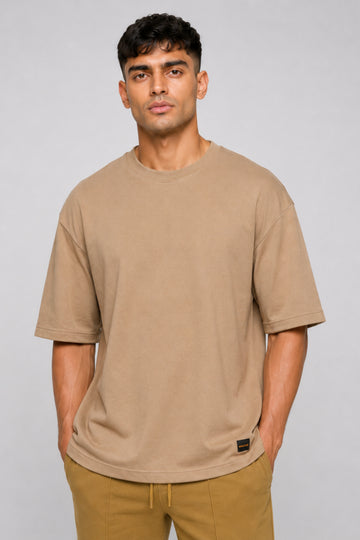 HUSTLE Men's Crew Neck Oversized Tees - Beige