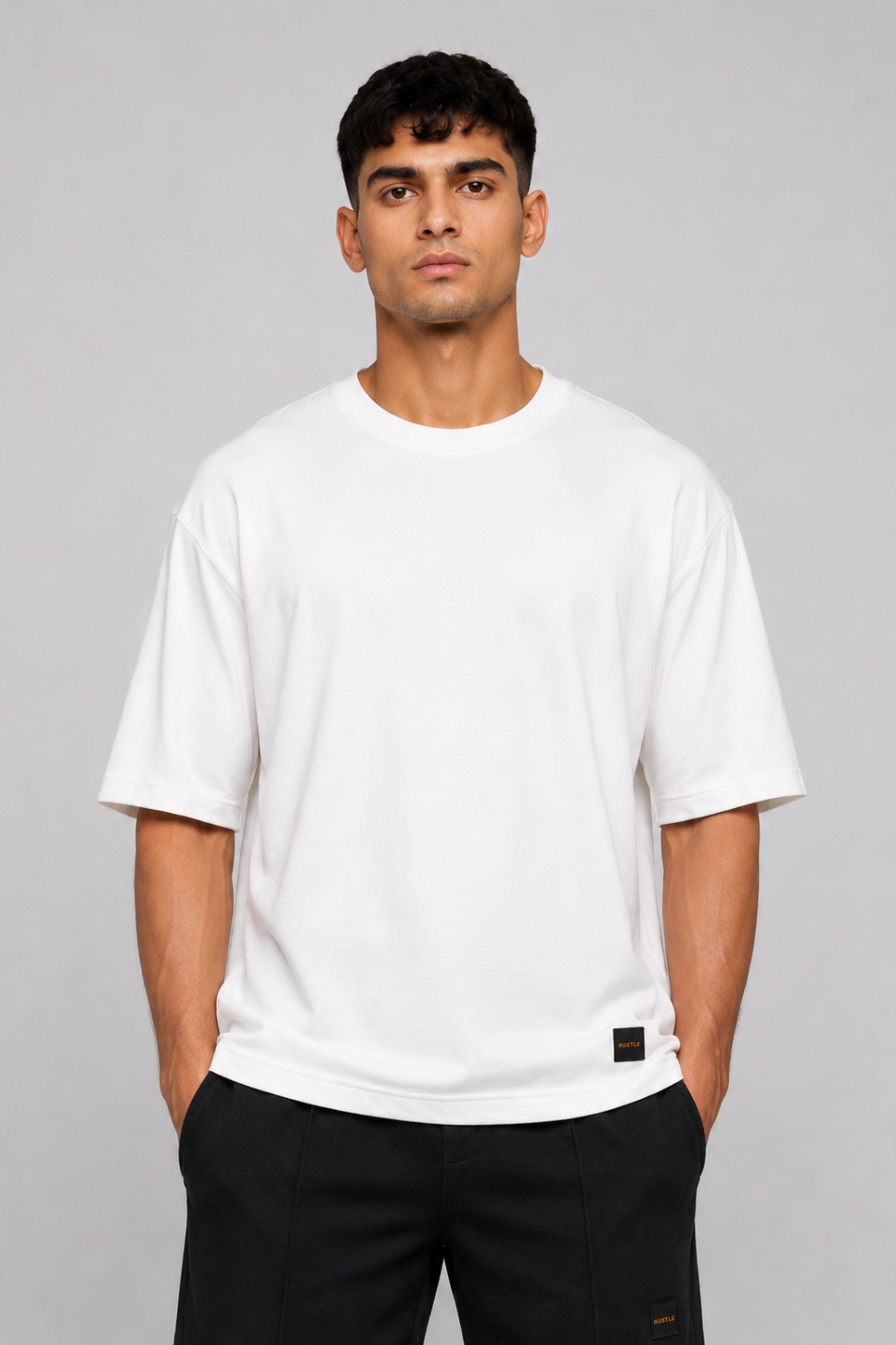 HUSTLE Men's Crew Neck Oversized Tees - White